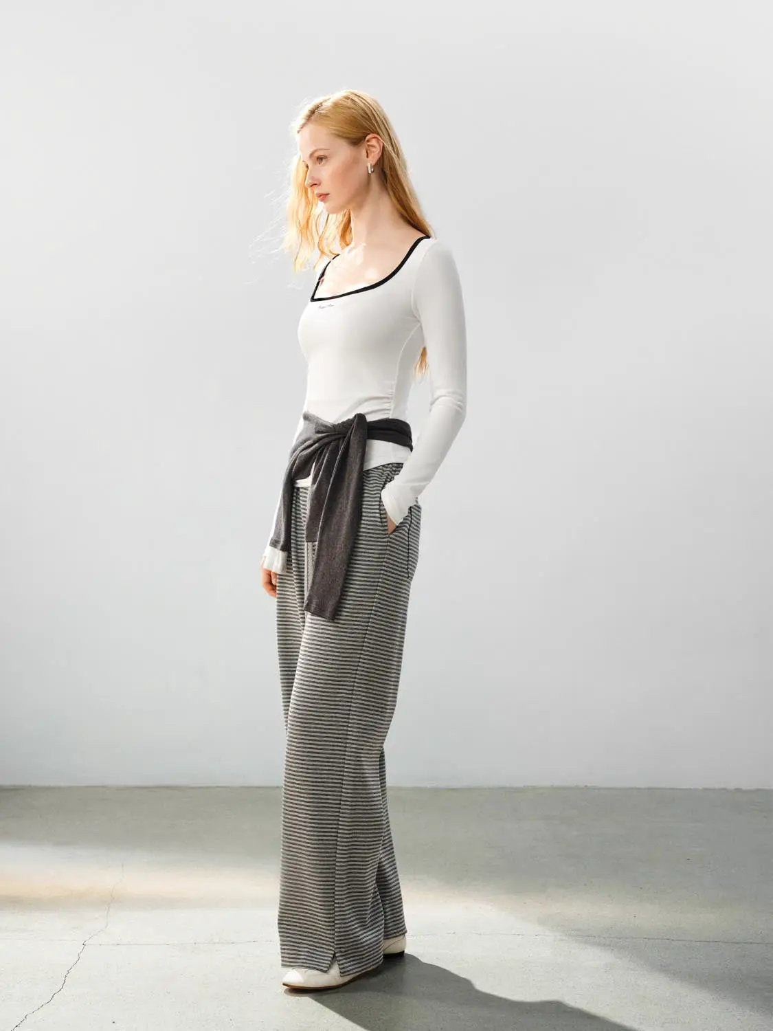 Drawstring Waist Striped Cotton Blend Wide-leg Pants