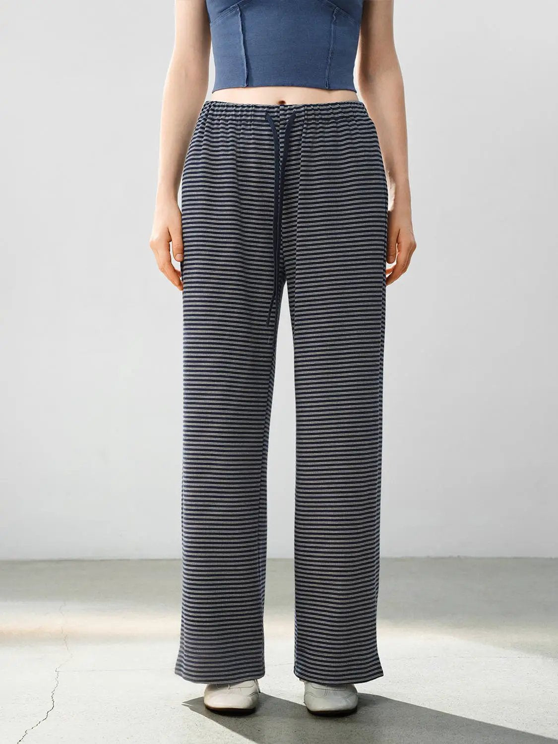 Drawstring Waist Striped Cotton Blend Wide-leg Pants