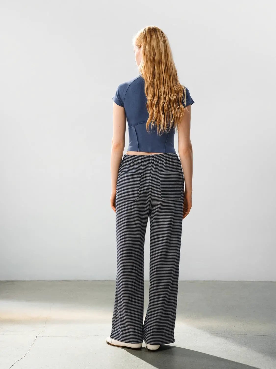 Drawstring Waist Striped Cotton Blend Wide-leg Pants