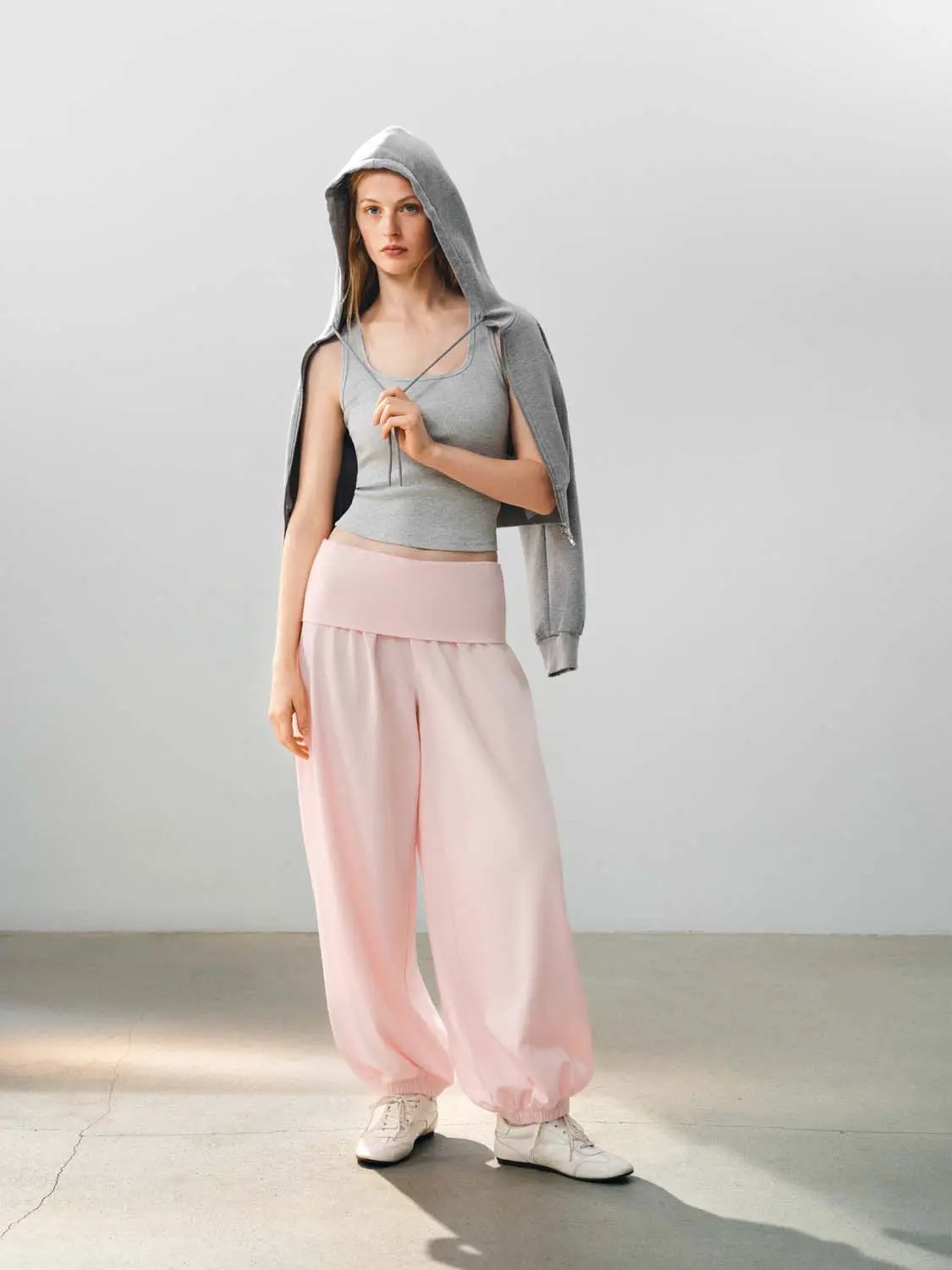 Gathered High-waisted Cotton Blend Jogger Pants