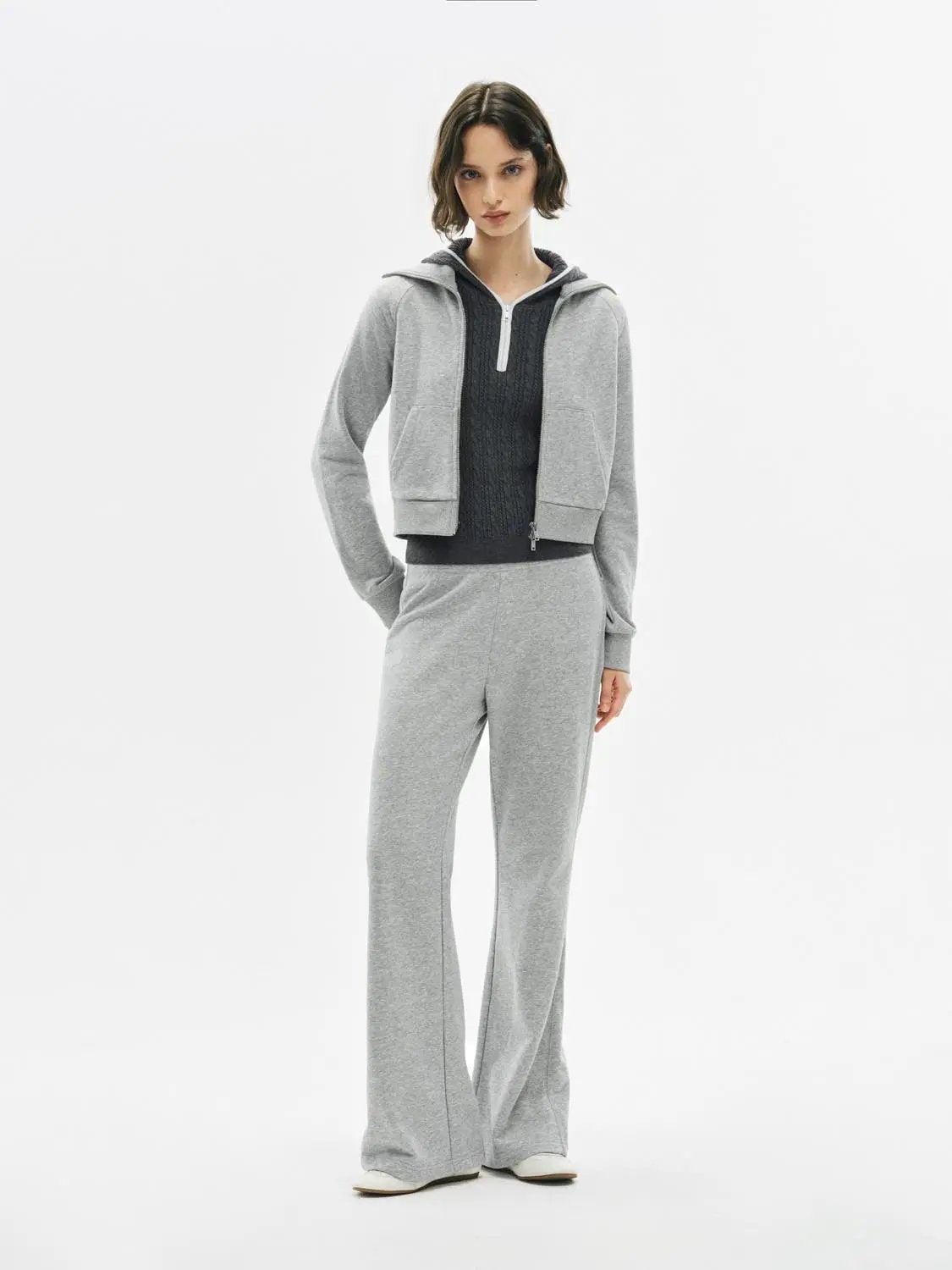 Flared Solid Regular Mid-rise High-waisted Cotton Blend Pants