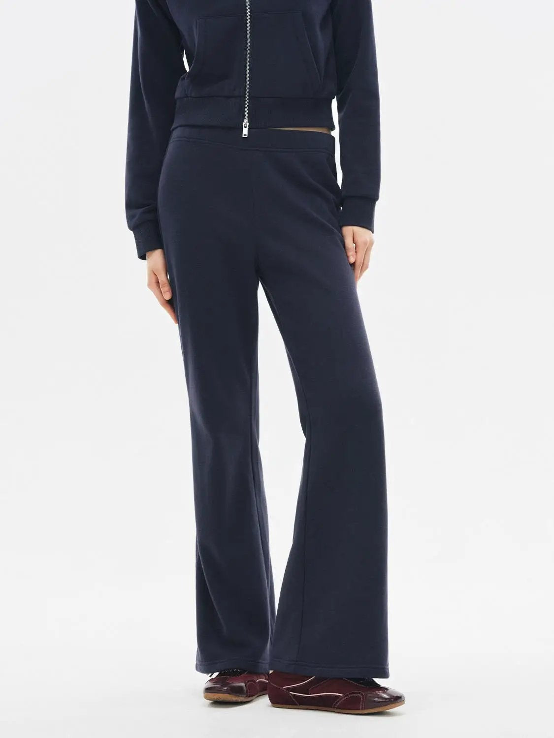 Flared Solid Regular Mid-rise High-waisted Cotton Blend Pants