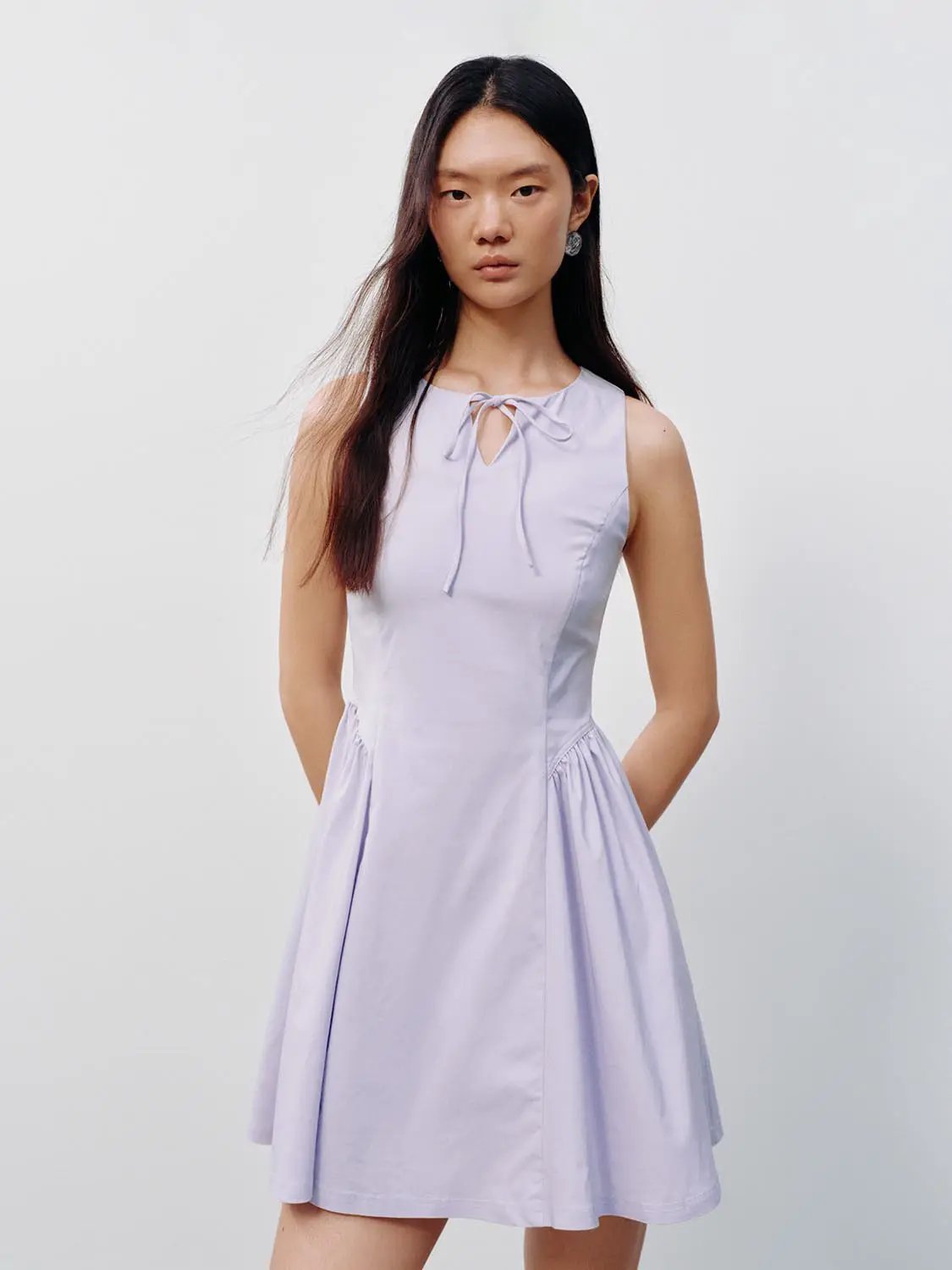 Tie Keyhole Neck Sleeveless A-Line Cotton Mini Dress