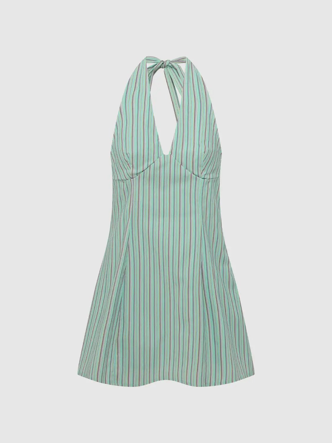 Striped Fitted Bodice Tie Halter Sleeveless A-Line Dress