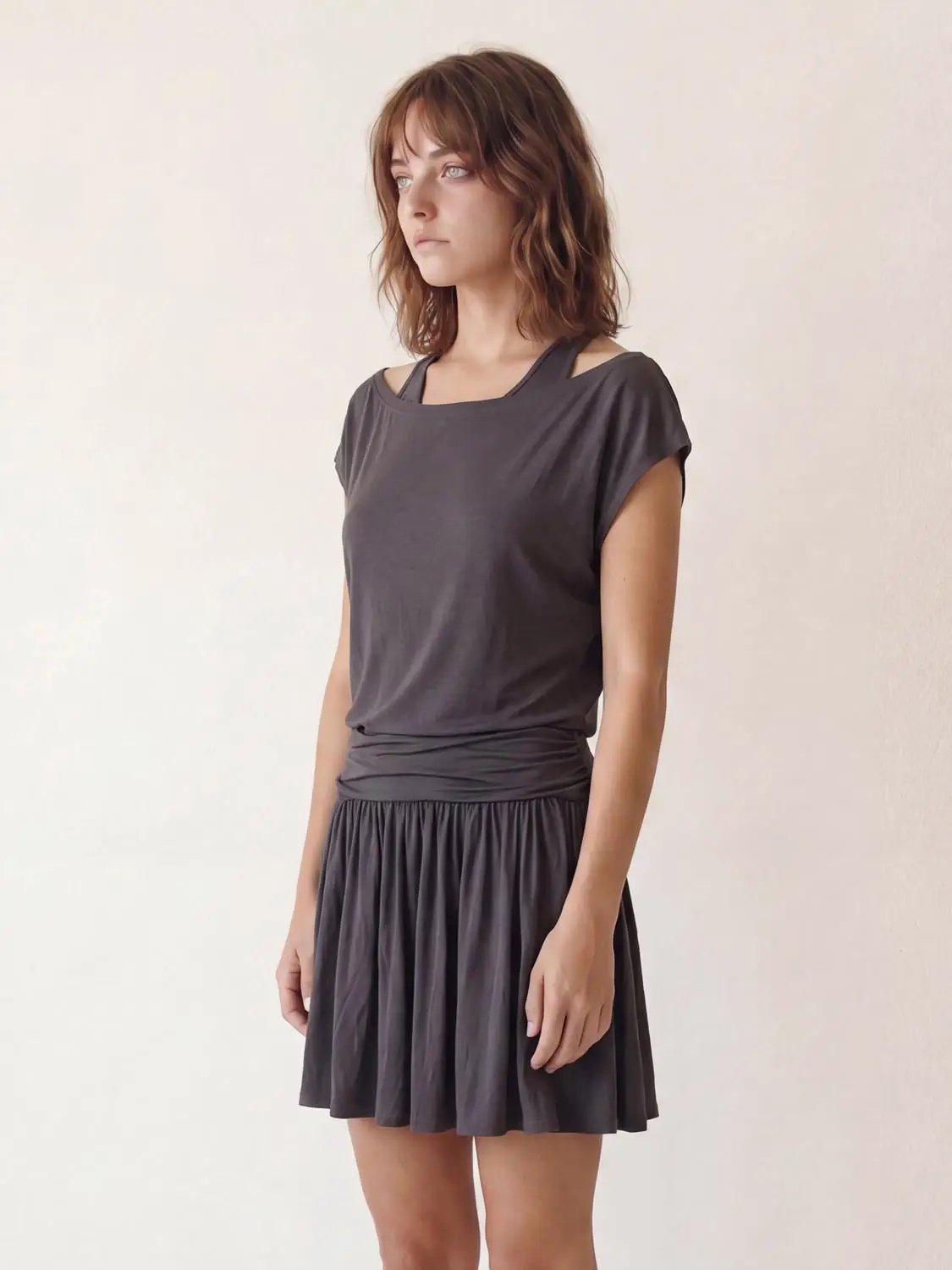A-line Charcoal Solid Ruched Waist Short Sleeve Dress