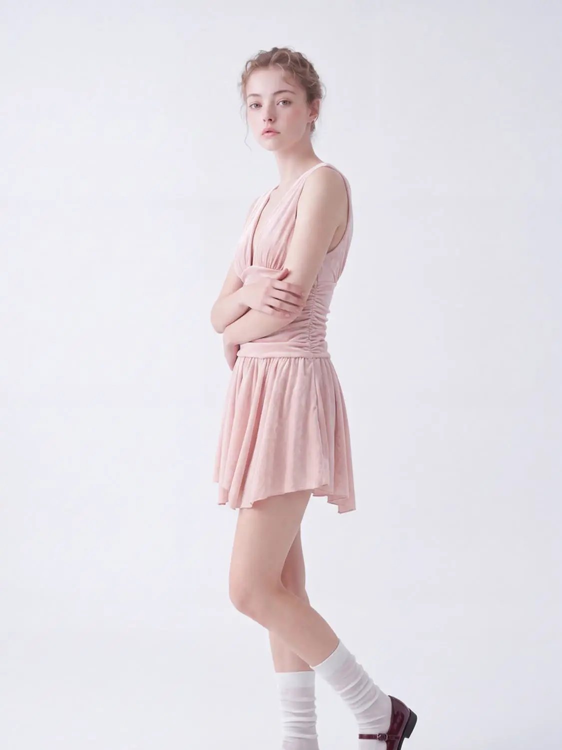 Ruched Pleated A-Line V-Neck Sleeveless Mini Dress
