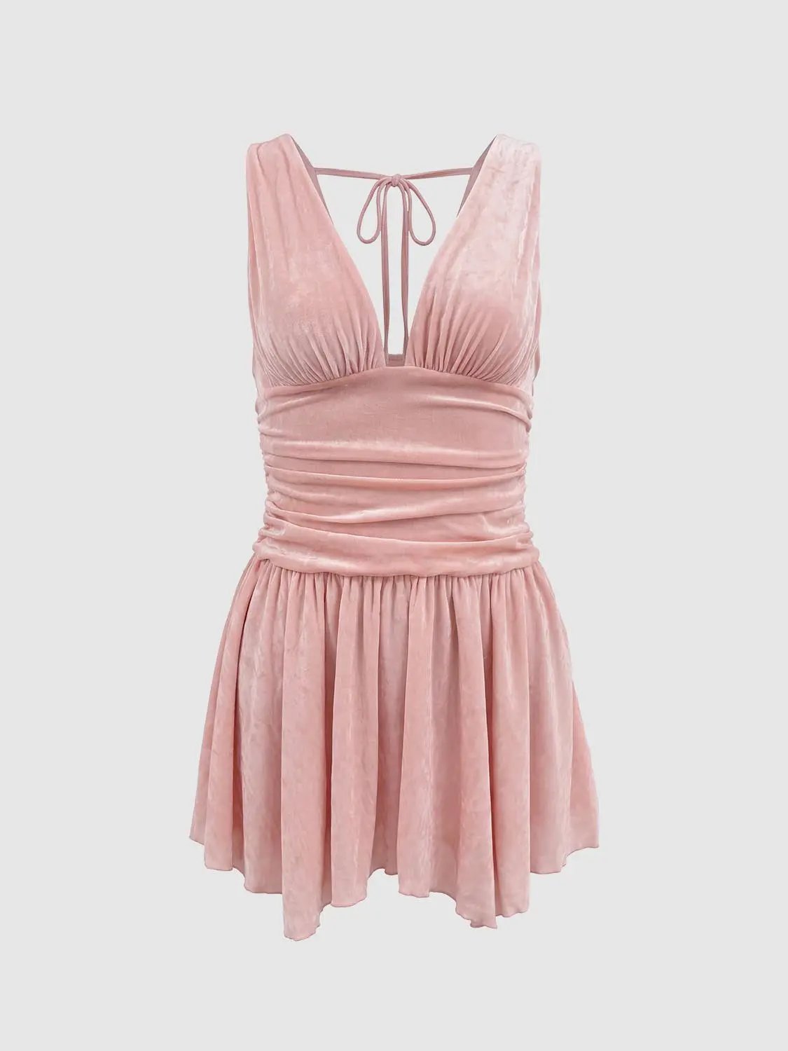 Ruched Pleated A-Line V-Neck Sleeveless Mini Dress