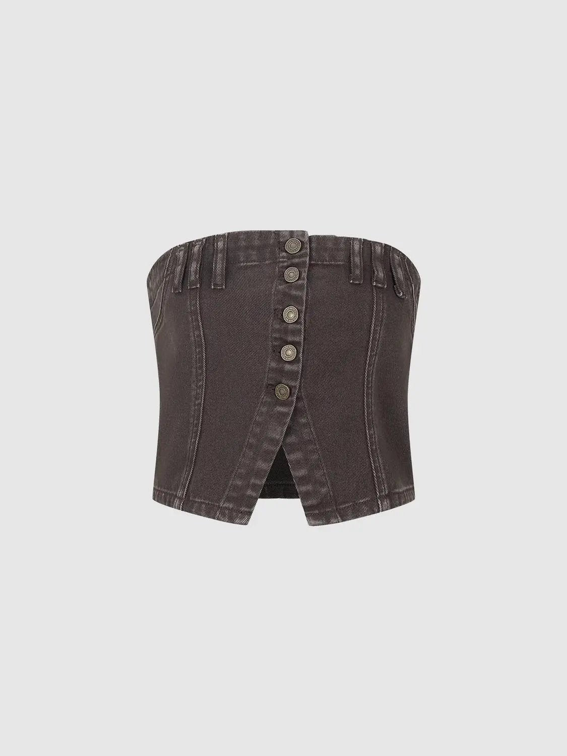 Strapless Button Front Split Hem Cropped Denim Top
