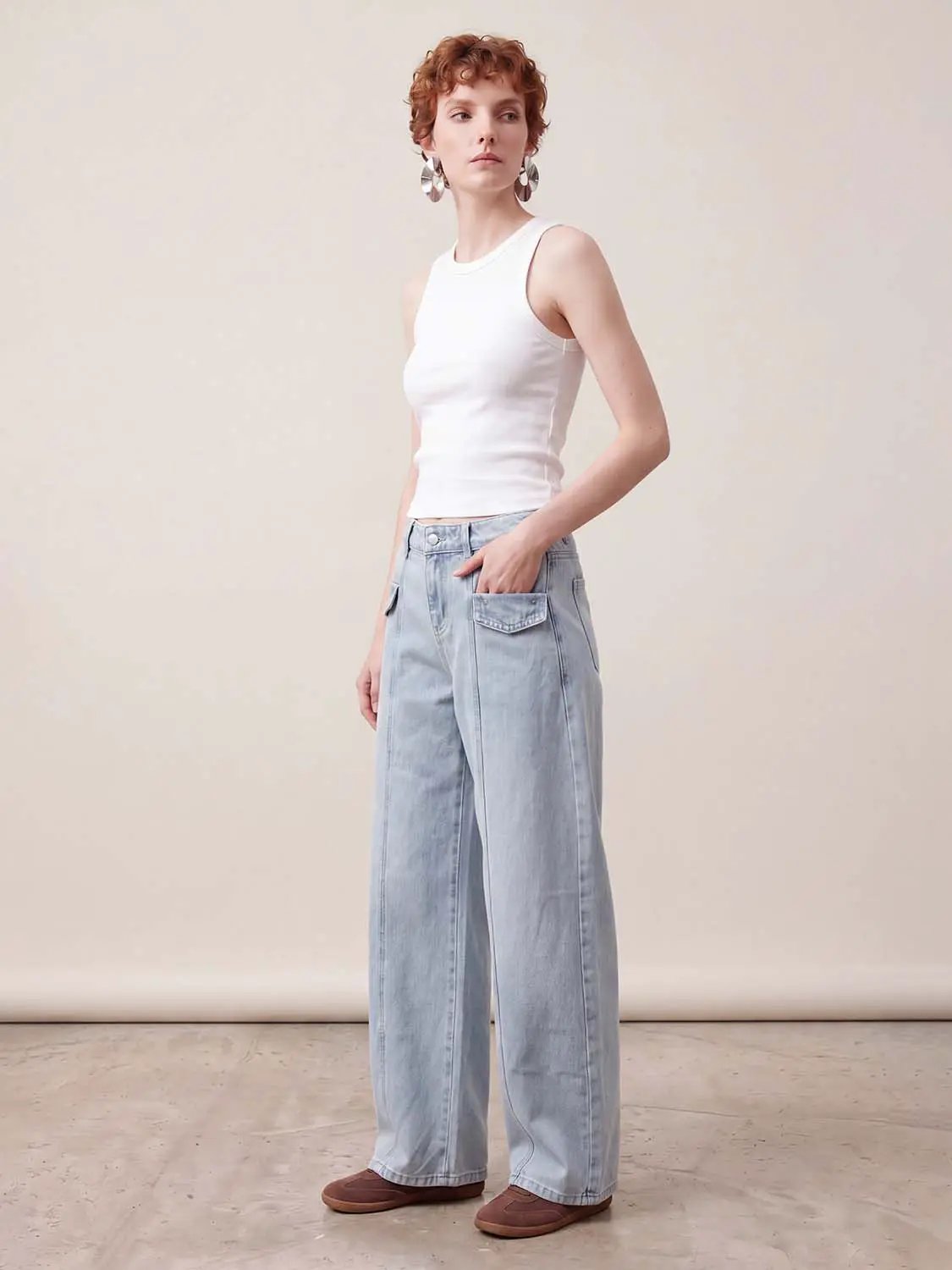 Wide-Leg Silhouette Patch Pocket Flap Detailing Cotton Jeans