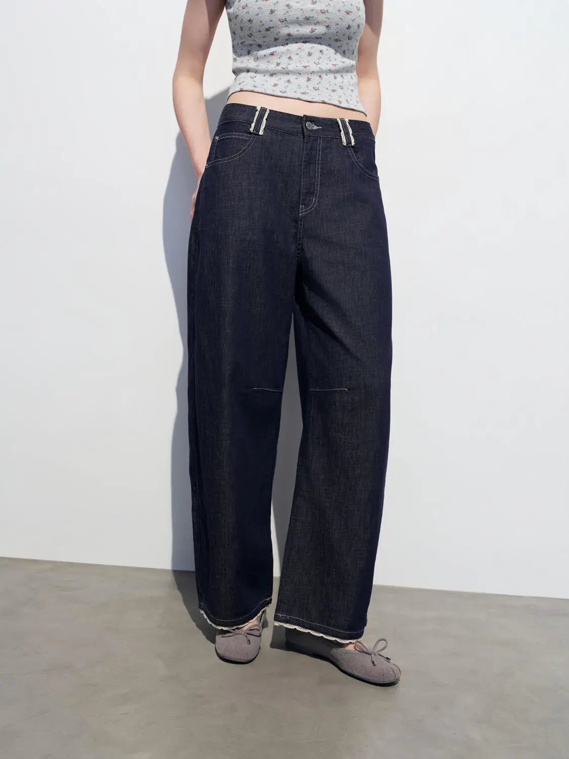 High Waisted Wide-leg Washed Cotton Jeans