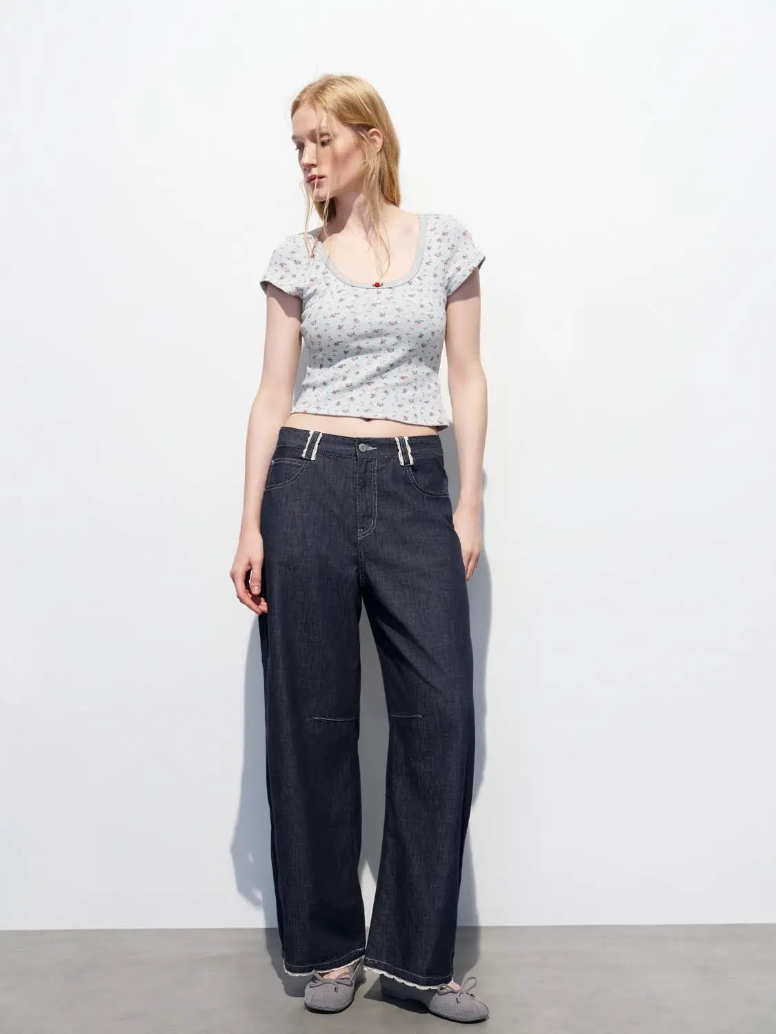 High Waisted Wide-leg Washed Cotton Jeans