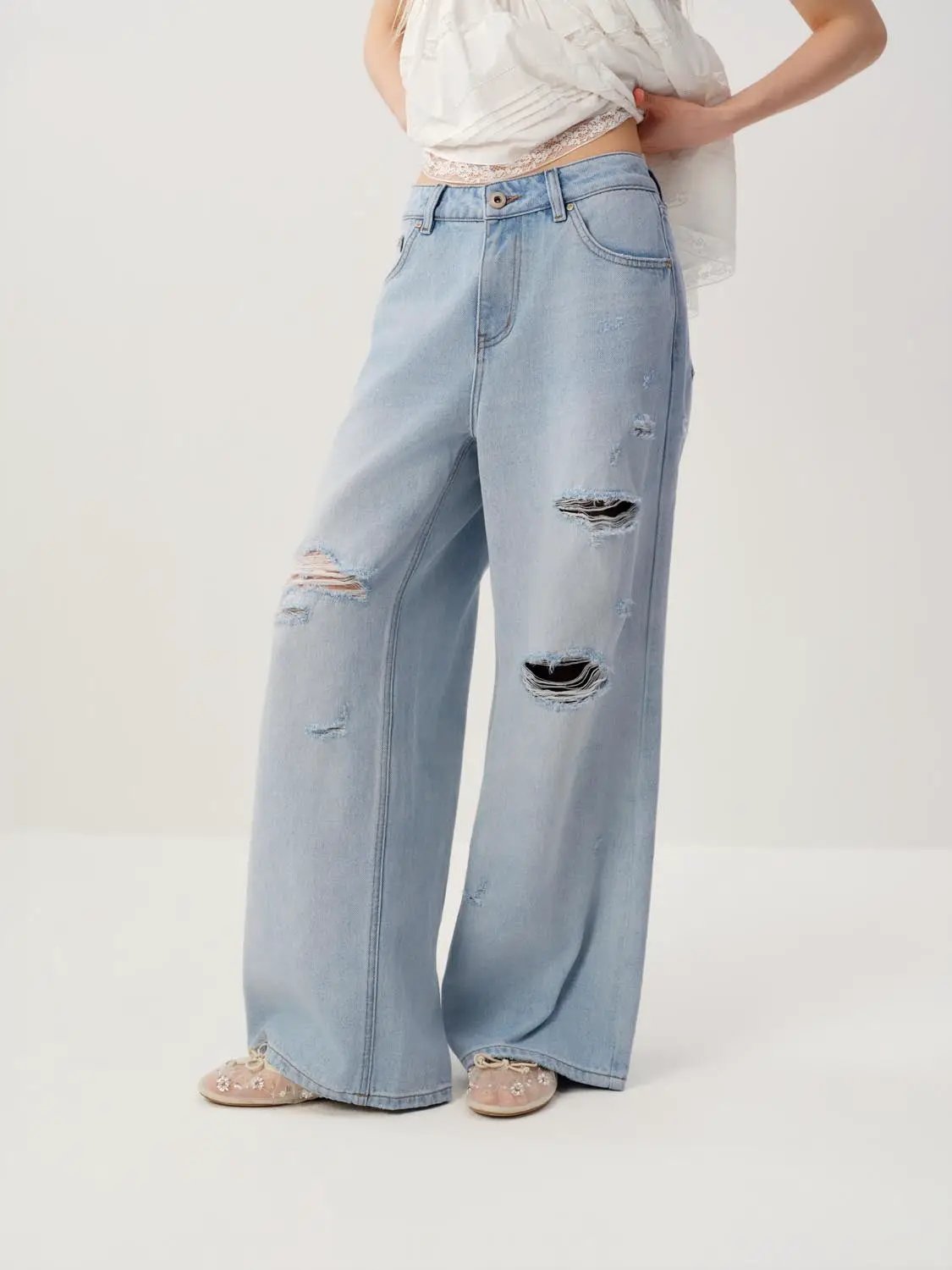 High Waisted Distressed Wide-leg Cotton Jeans