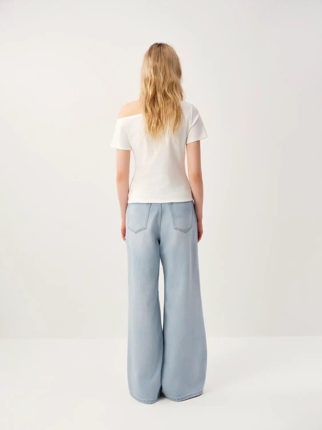 High Waisted Distressed Wide-leg Cotton Jeans
