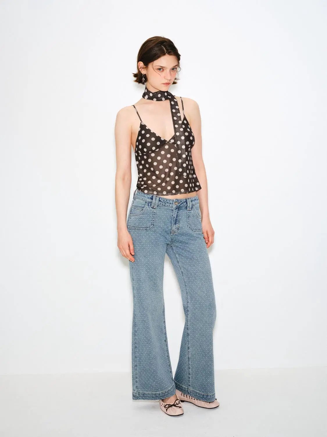 Wide-leg Polka Dot Mid-rise Slight Stretch Cotton Jeans