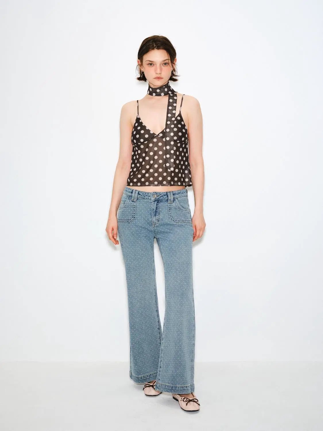 Wide-leg Polka Dot Mid-rise Slight Stretch Cotton Jeans