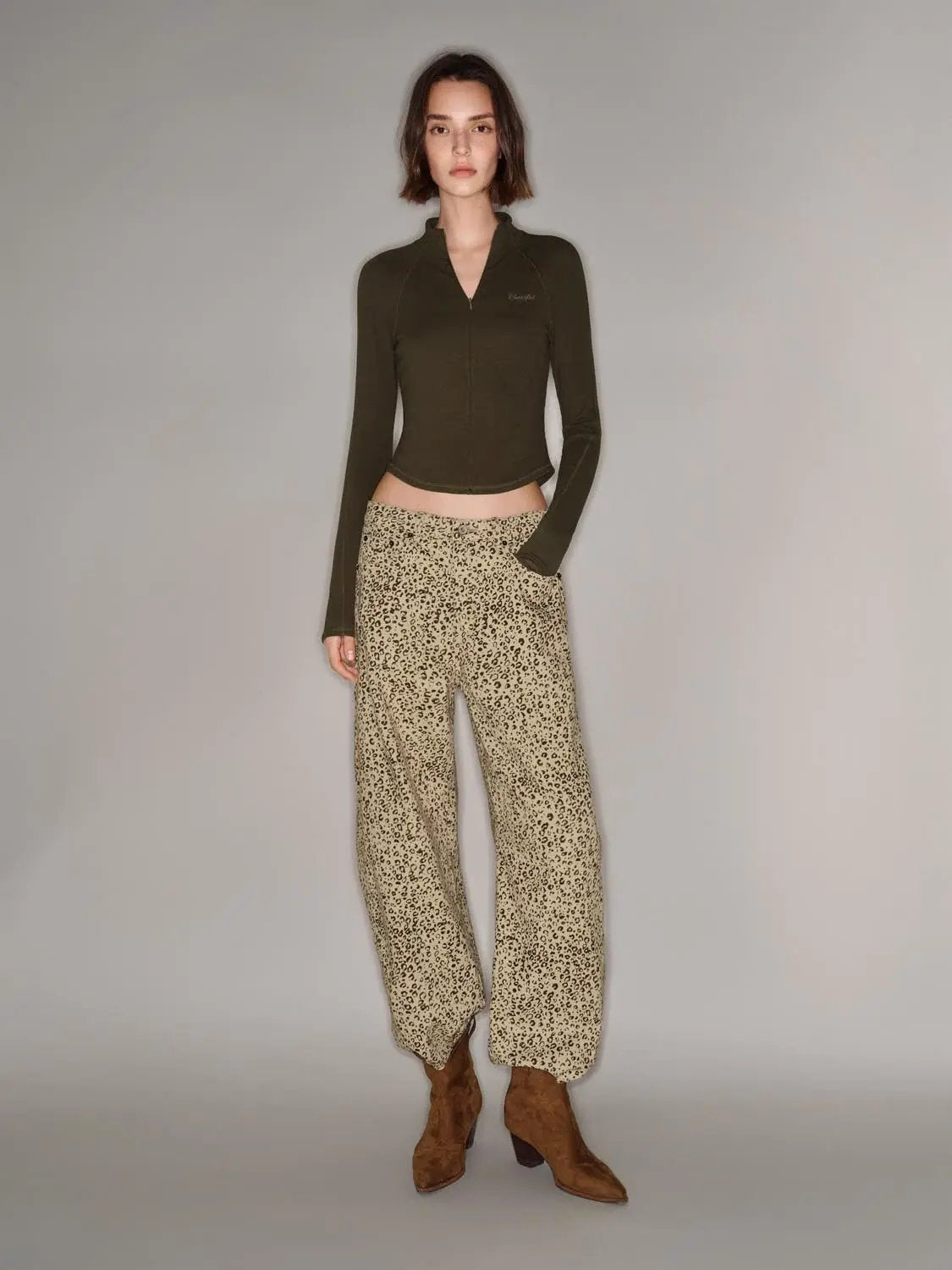 Leopard Print Wide-leg Cotton Blend Pants