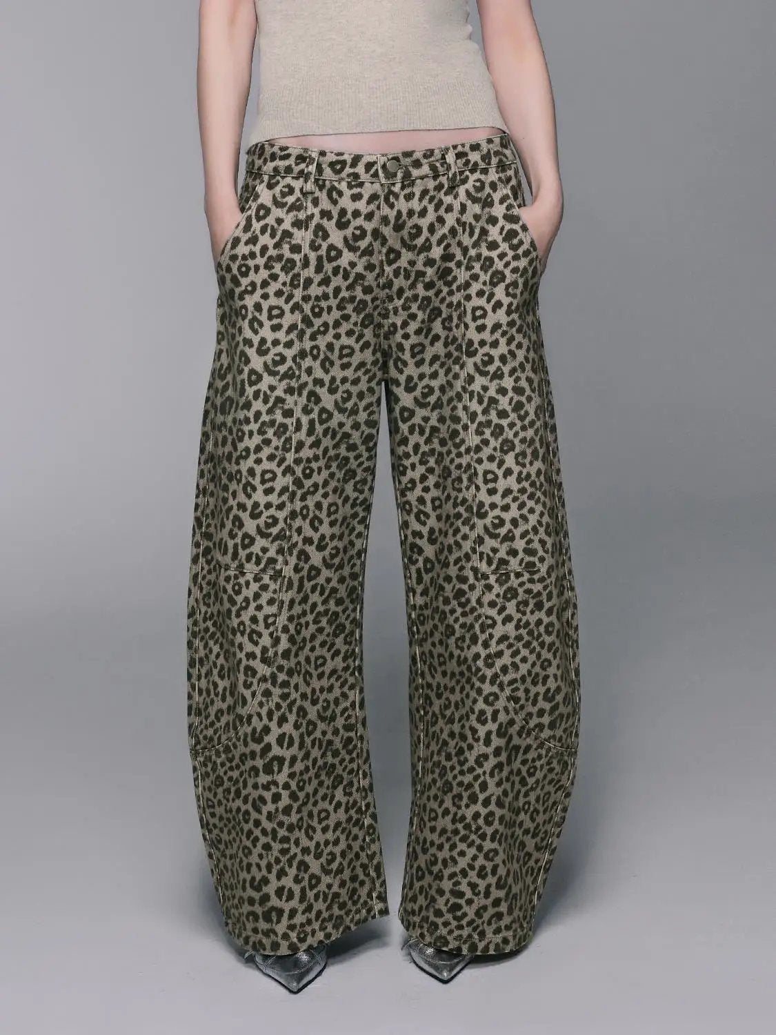 Leopard Print Denim Wide-leg Pants with Patch Pockets