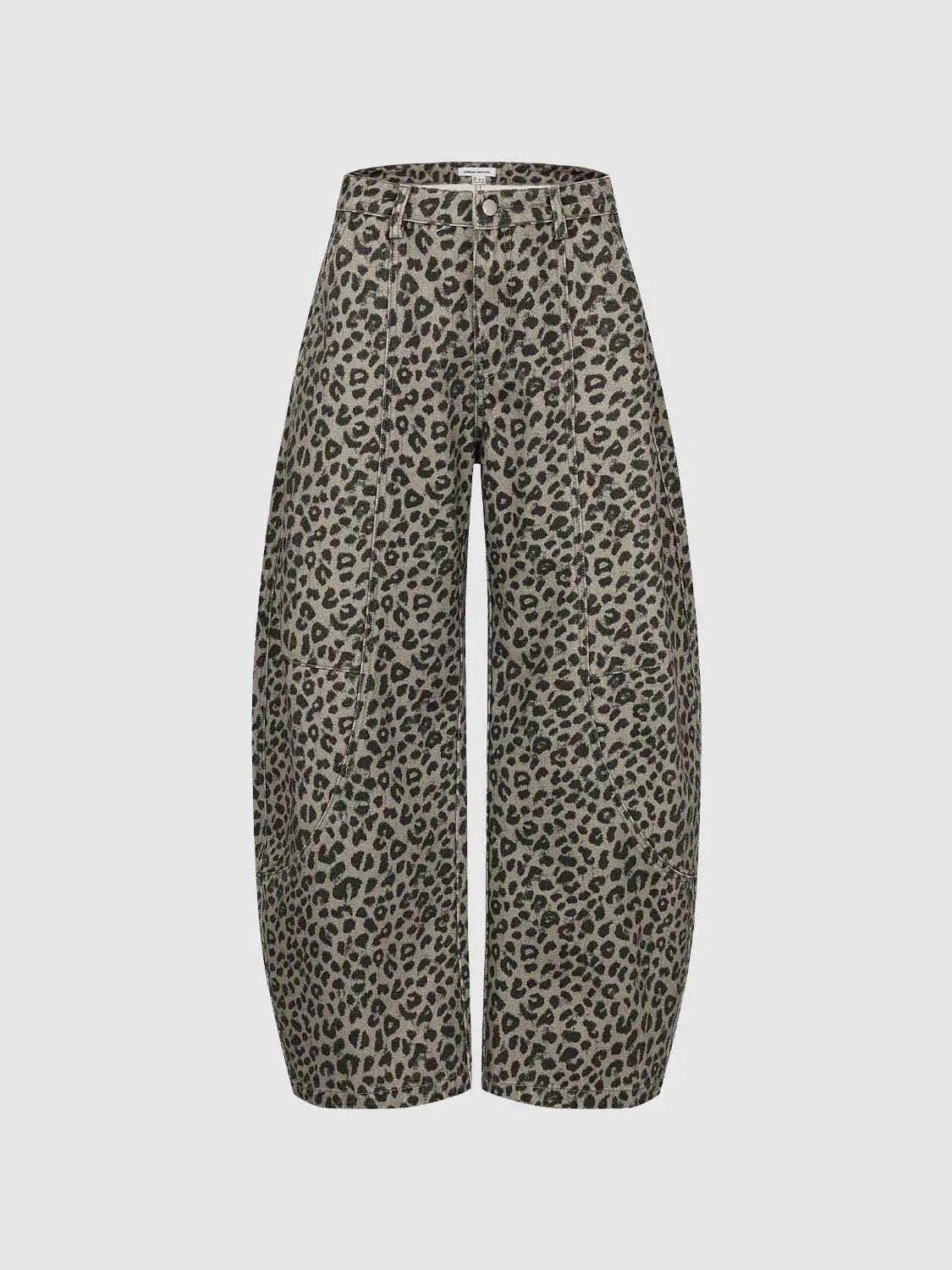 Leopard Print Denim Wide-leg Pants with Patch Pockets