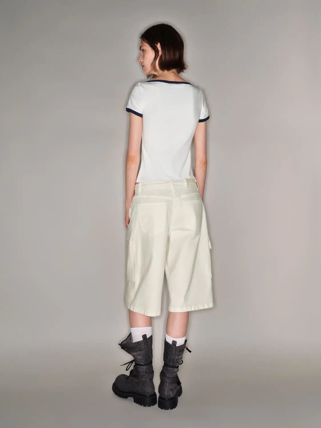 Drawstring Waist Pocket Relaxed Cotton Cargo Bermuda Shorts