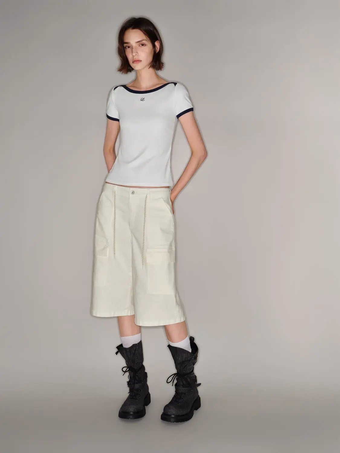 Drawstring Waist Pocket Relaxed Cotton Cargo Bermuda Shorts