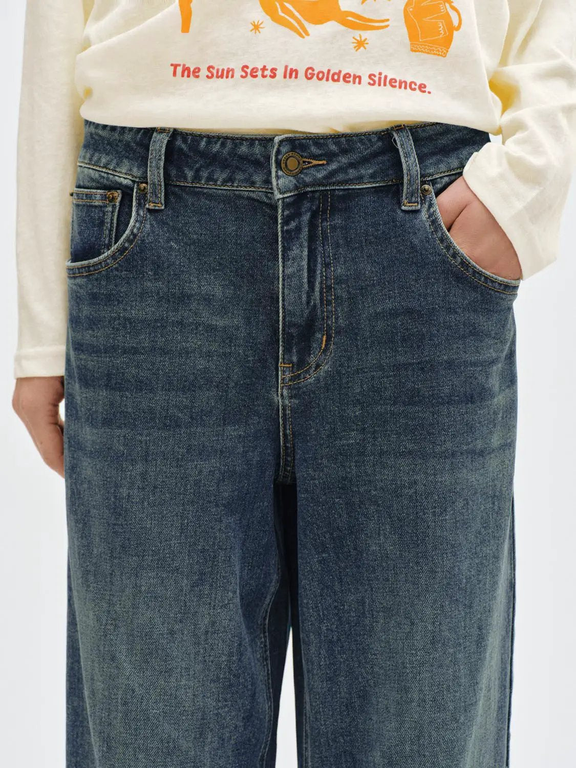 Vintage Washed Wide-leg Mid-rise Cotton Blend Jeans