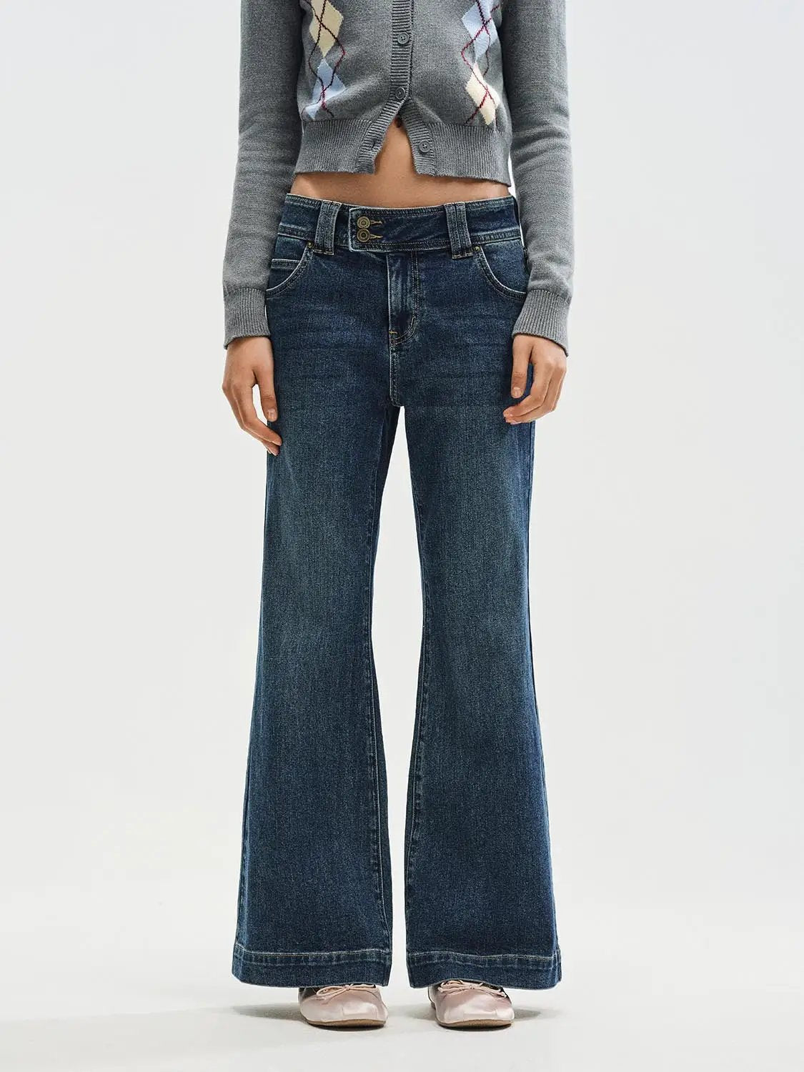 Double Button Wash Cotton Wide-leg Jeans