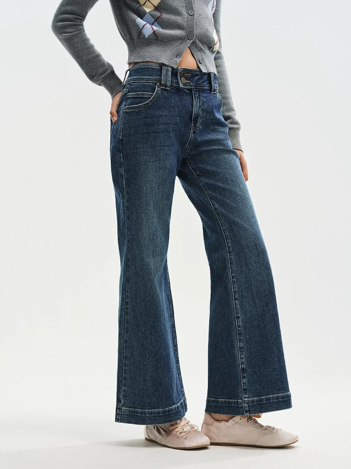 Double Button Wash Cotton Wide-leg Jeans