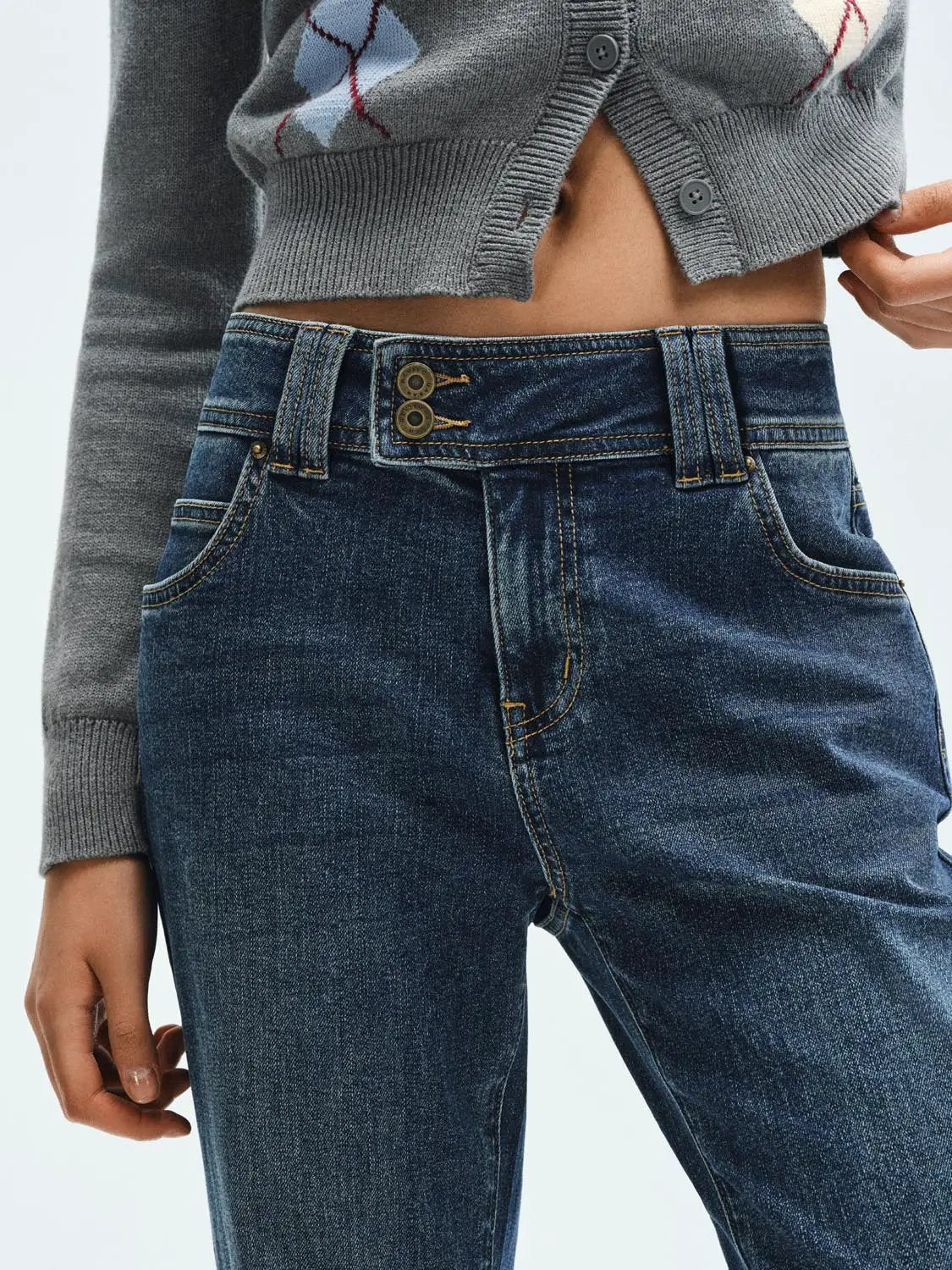 Double Button Wash Cotton Wide-leg Jeans