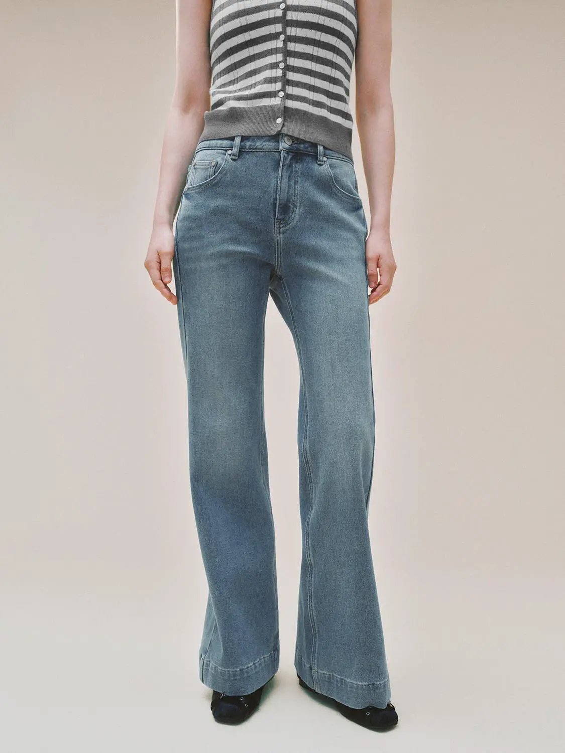 Washed High-waisted Wide-leg Cotton Blend Jeans