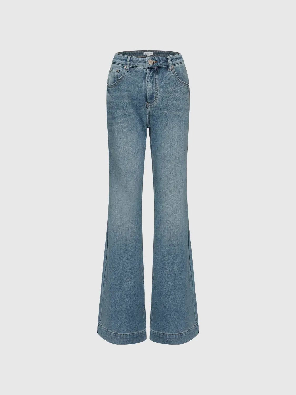 Washed High-waisted Wide-leg Cotton Blend Jeans