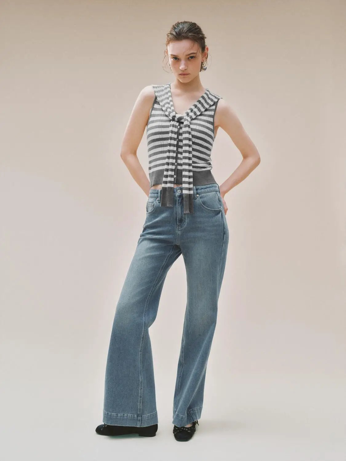 Washed High-waisted Wide-leg Cotton Blend Jeans