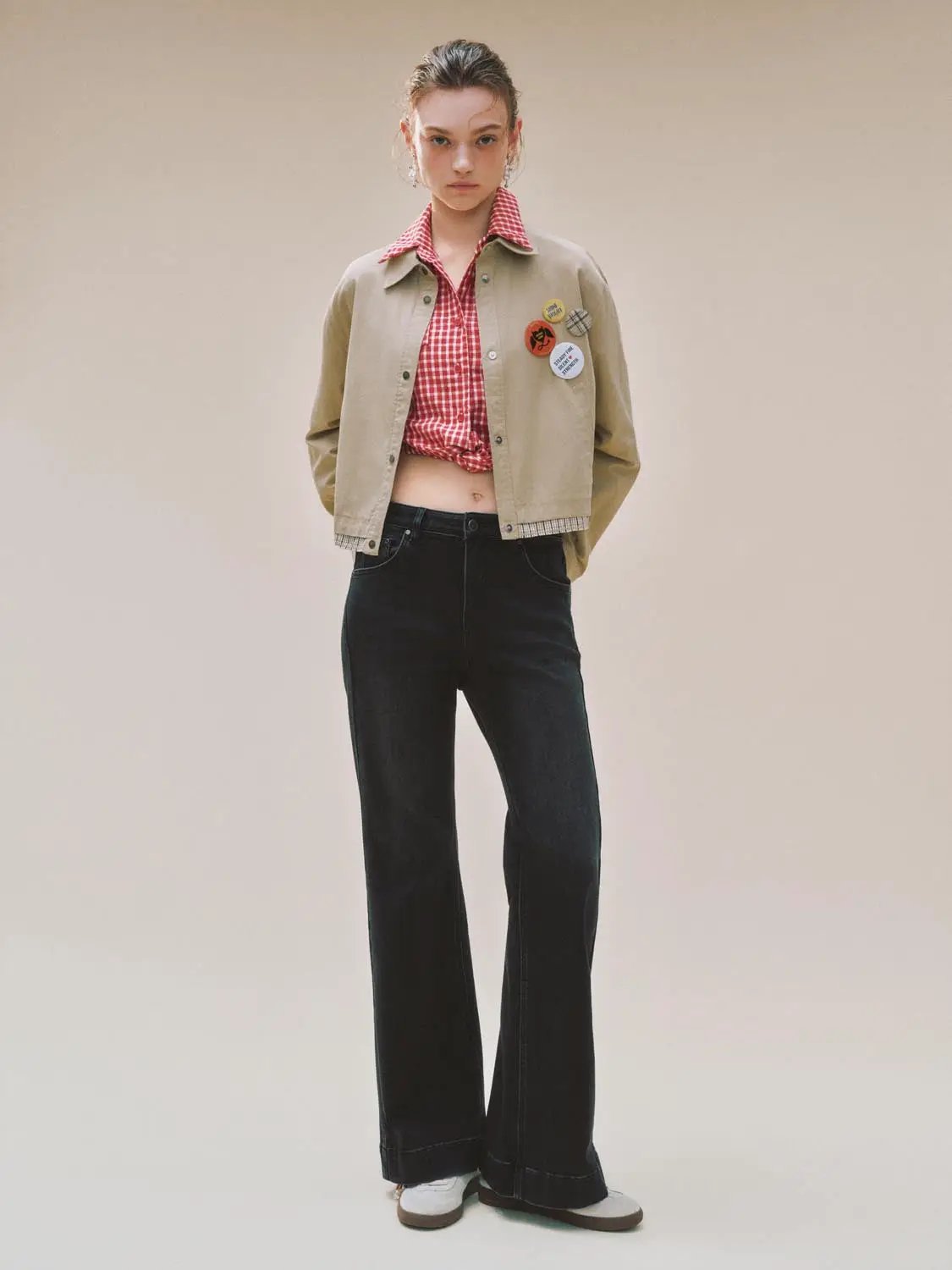 Wash Cuffed Flare High-waisted Cotton Blend Jeans
