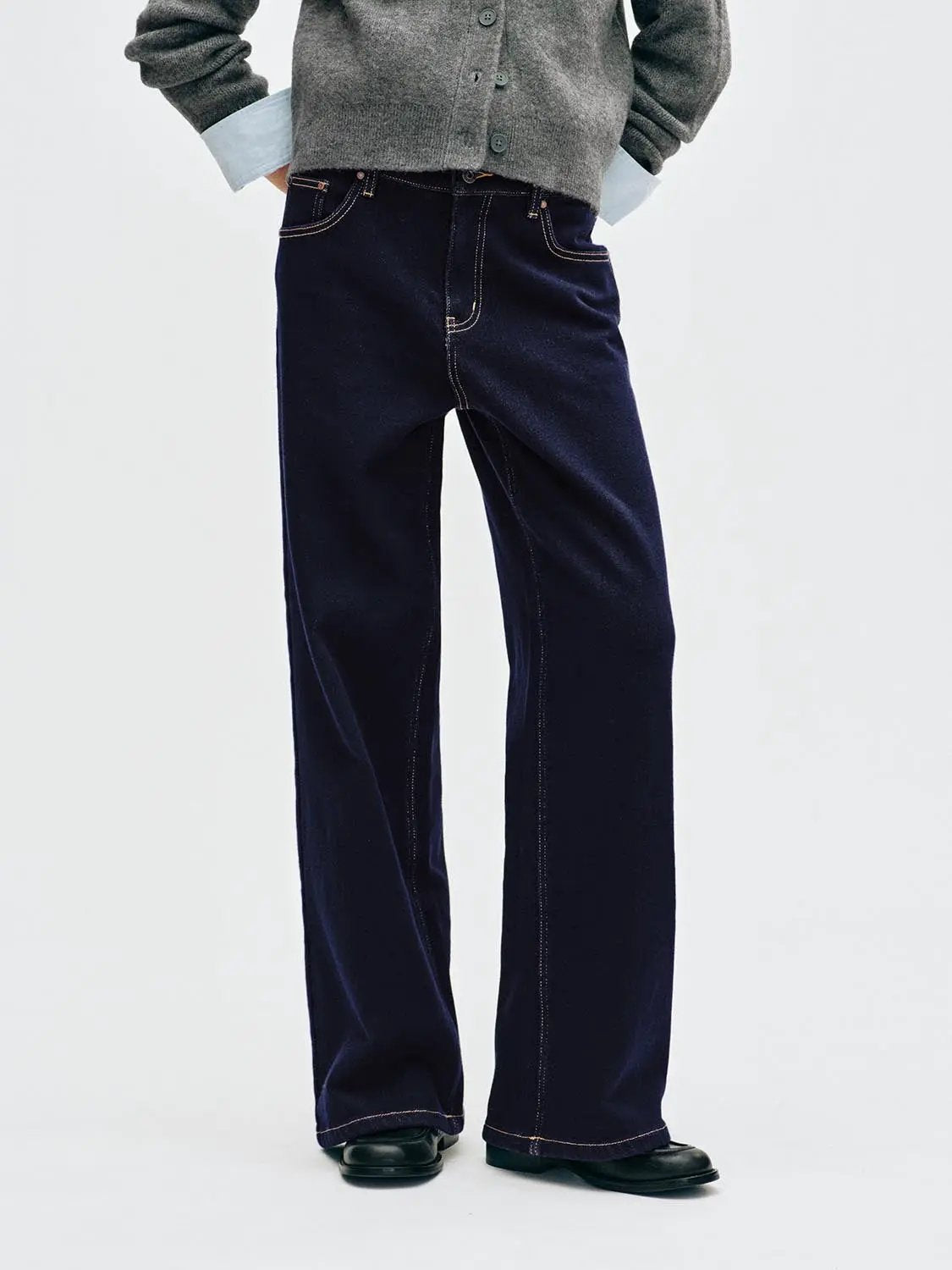Wash Contrast Stitching Wide-leg Cotton Blend Jeans