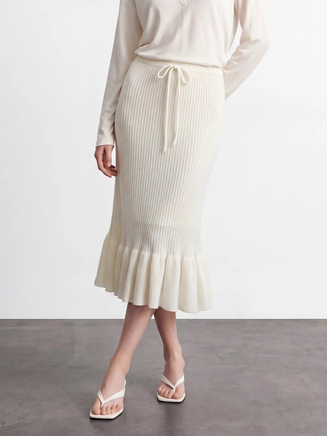 Ruffle Hem Knitted A-Line Midi Skirts