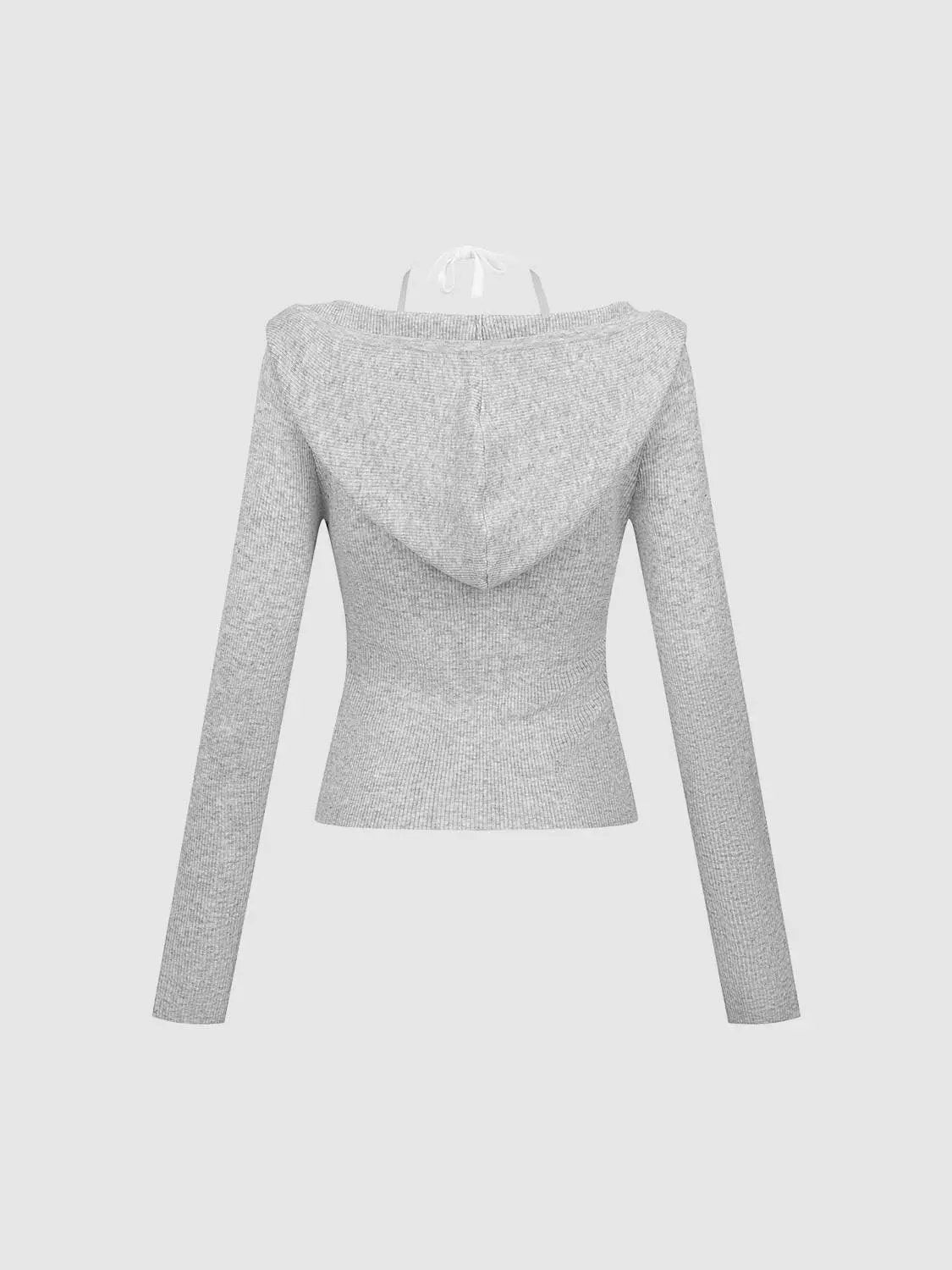 2-In-1 Hooded Henley Collar Ribbed Knit Long Sleeve Top
