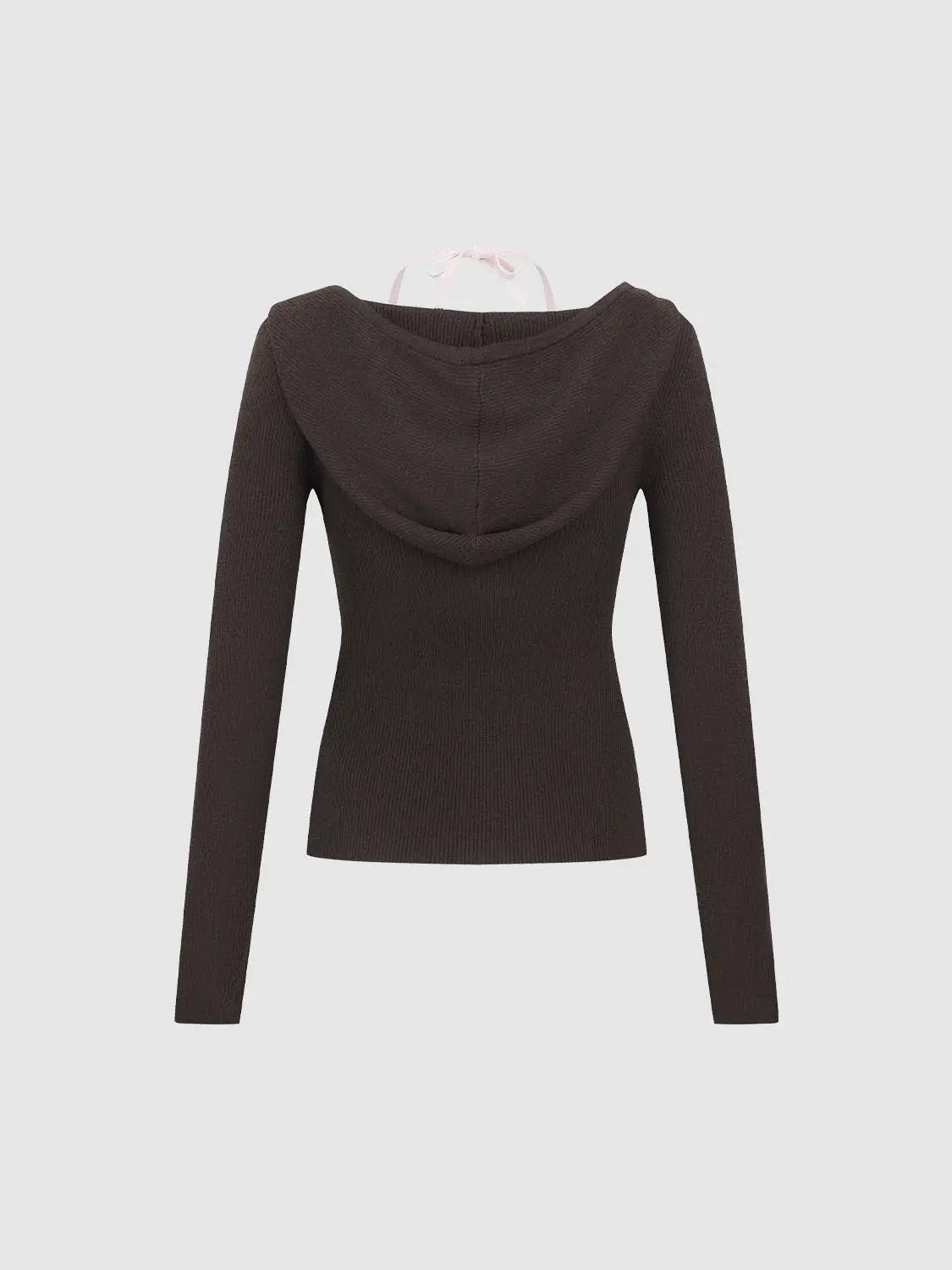2-In-1 Hooded Henley Collar Ribbed Knit Long Sleeve Top
