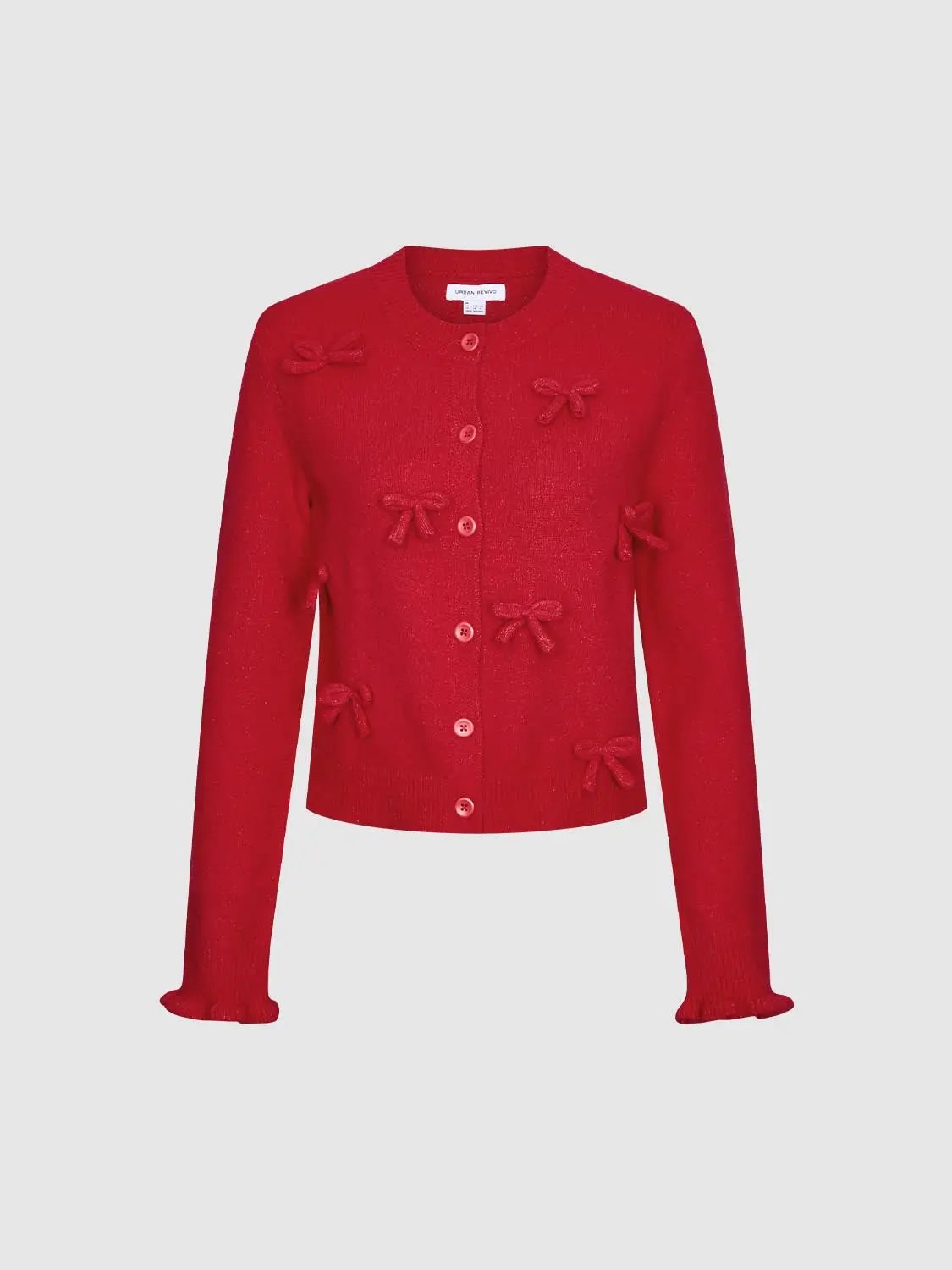 3D Bow Applique Crew Neck Cropped Knit Cardigan