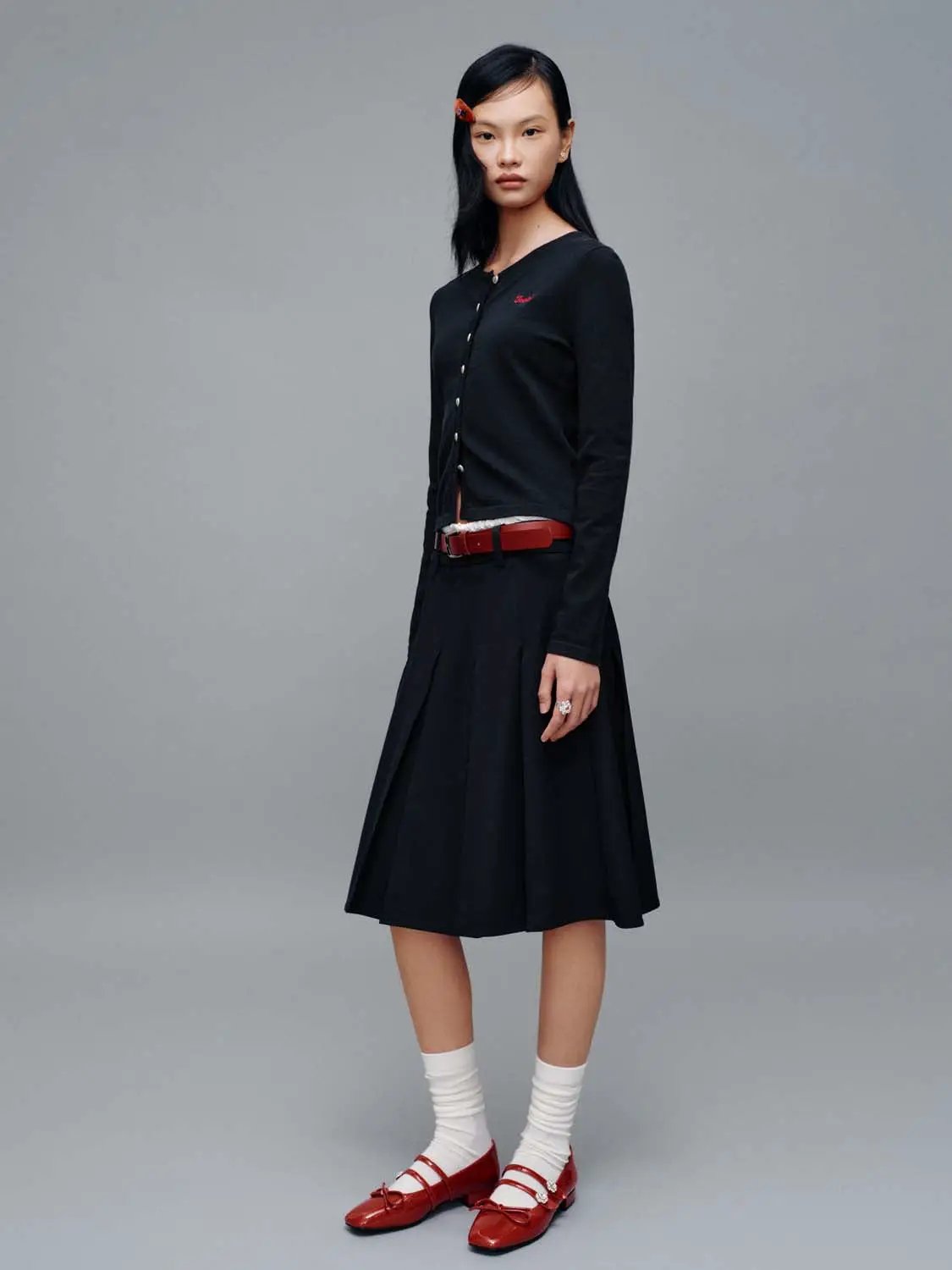 Ruched Front Crew Neck Embroidered Knitted Cotton Cardigan