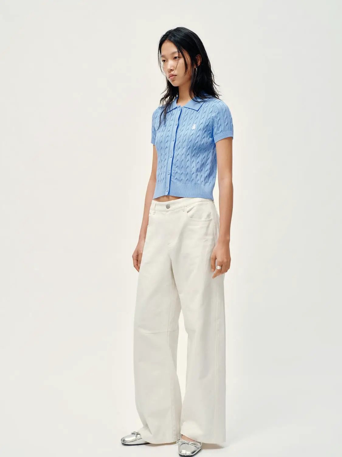 Polo Collar Cable Knit Button Front Cropped Cotton Top