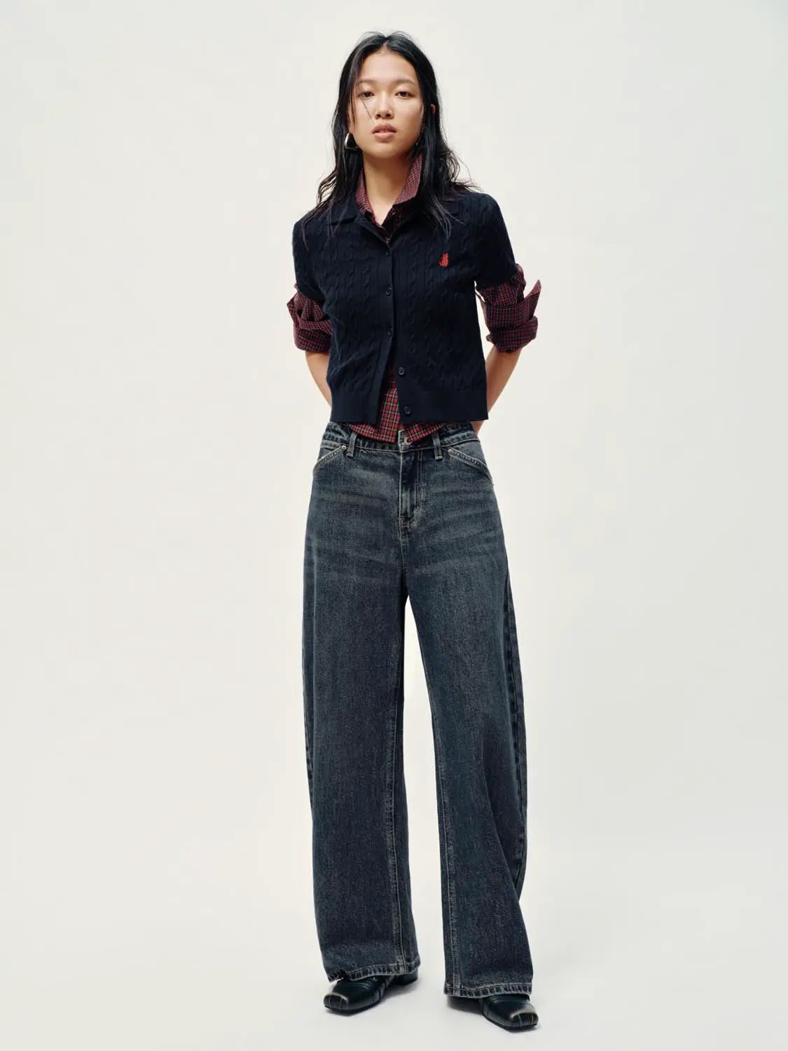 Polo Collar Cable Knit Button Front Cropped Cotton Top