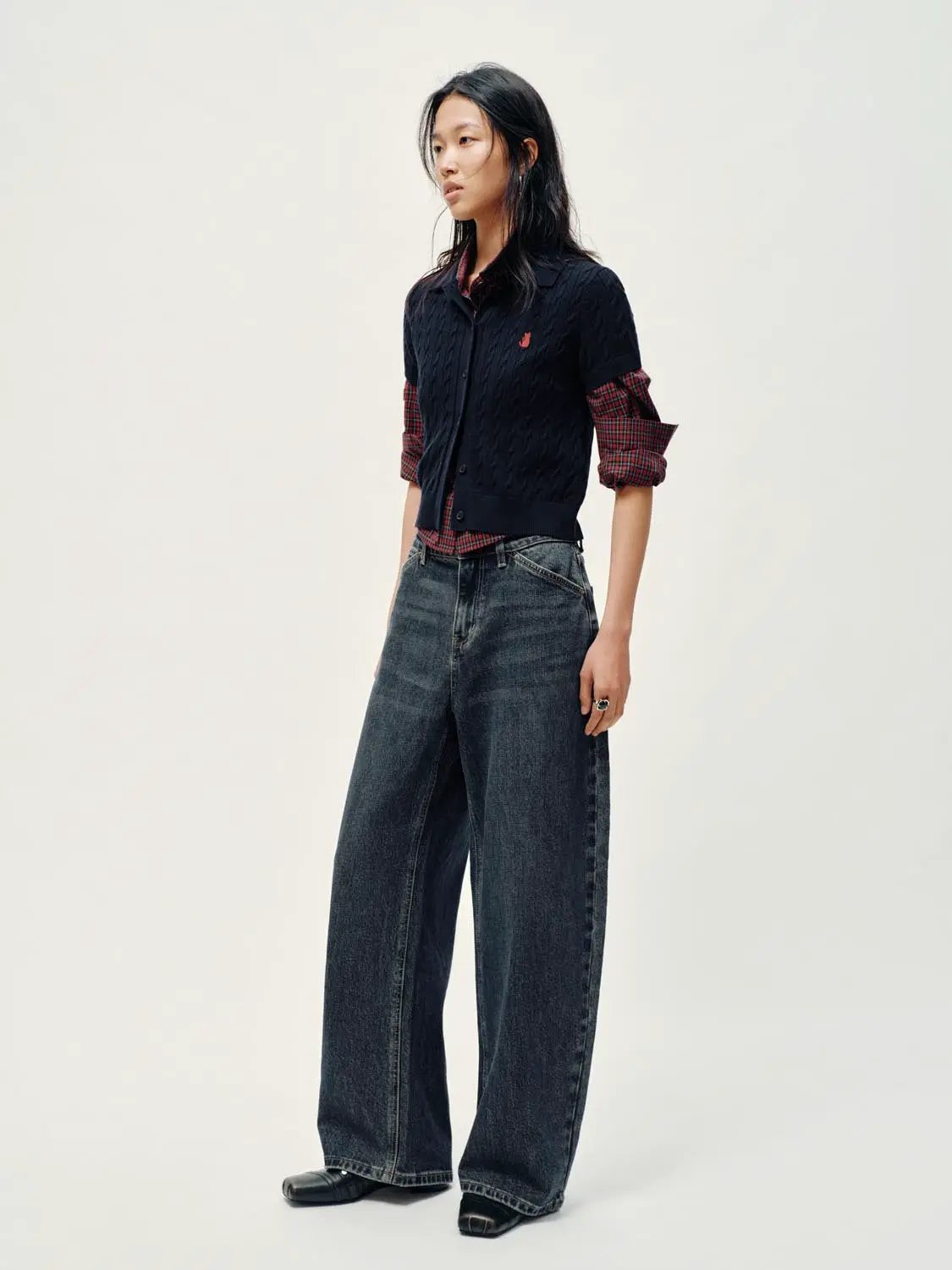 Polo Collar Cable Knit Button Front Cropped Cotton Top