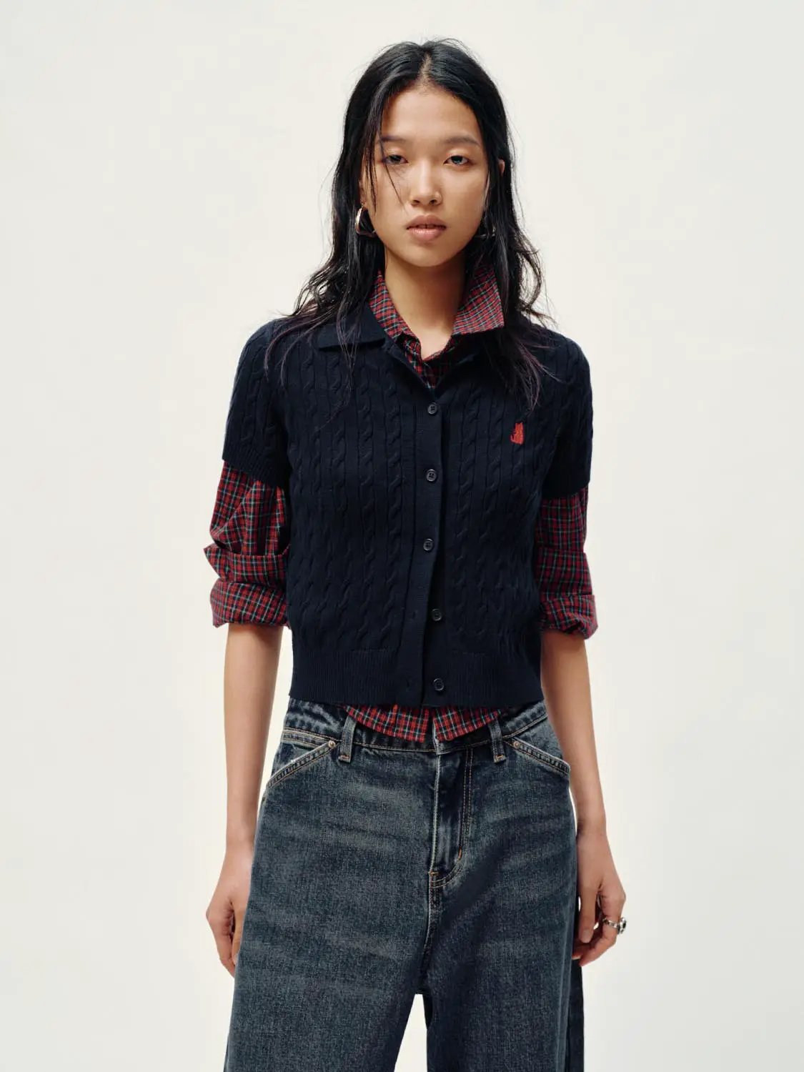 Polo Collar Cable Knit Button Front Cropped Cotton Top