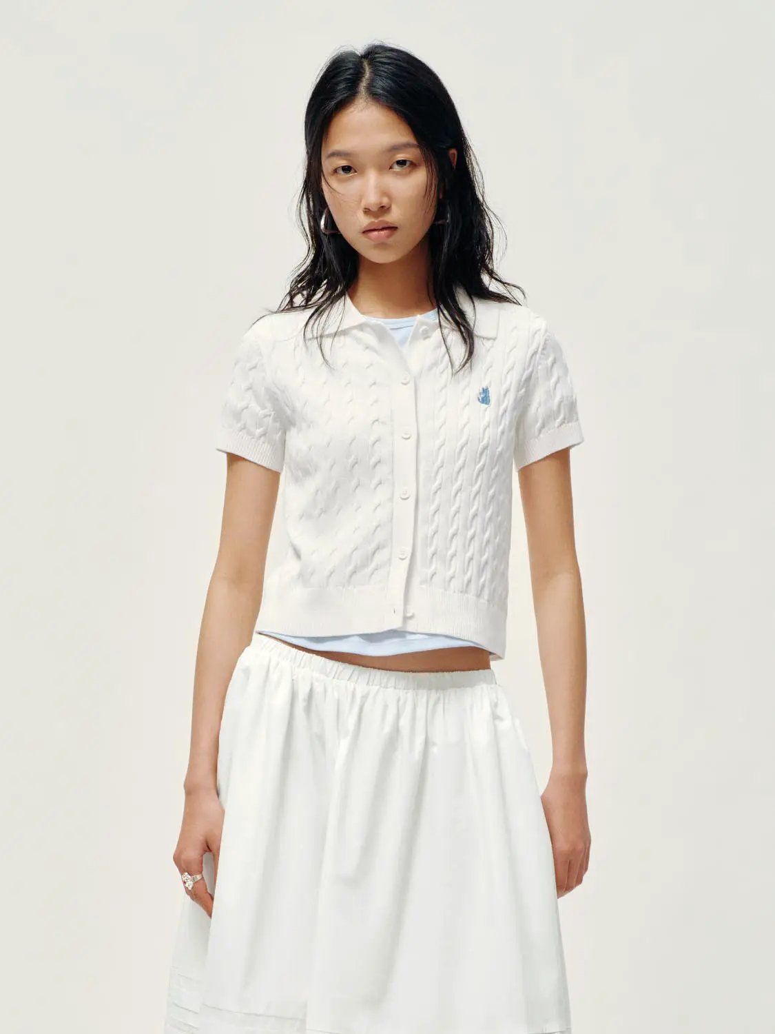 Polo Collar Cable Knit Button Front Cropped Cotton Top