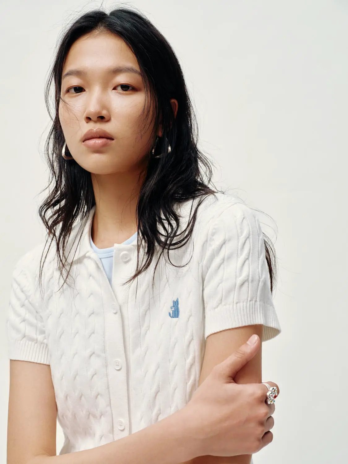 Polo Collar Cable Knit Button Front Cropped Cotton Top