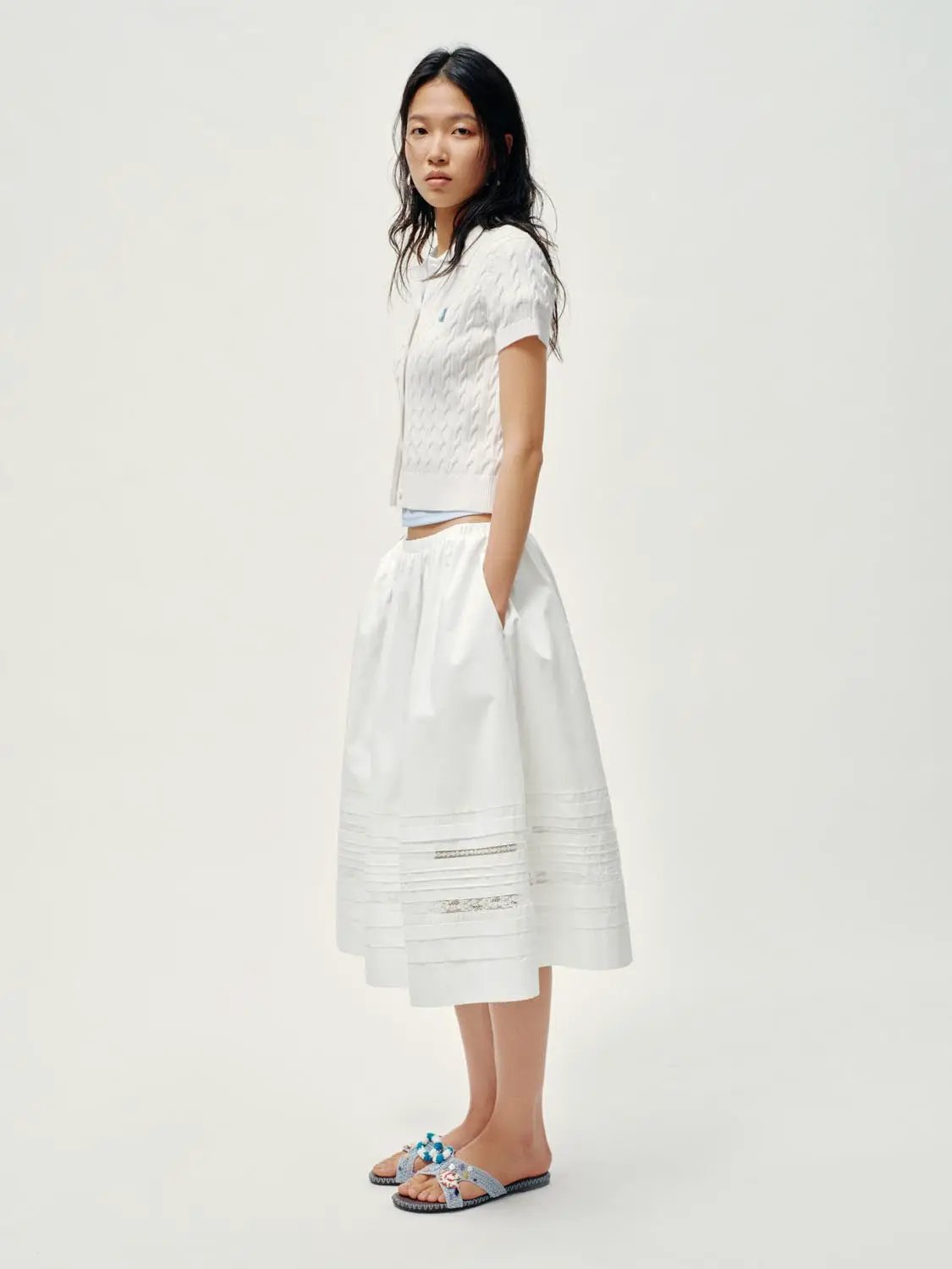 Polo Collar Cable Knit Button Front Cropped Cotton Top