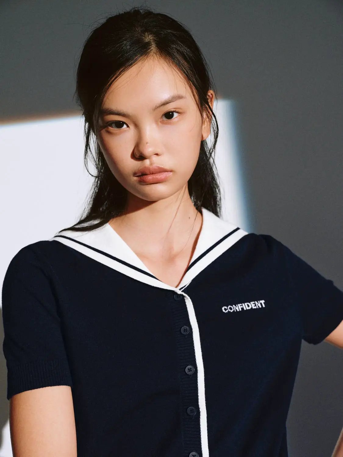 Short Sleeve Sailor Collar Cotton Knit Cardigan