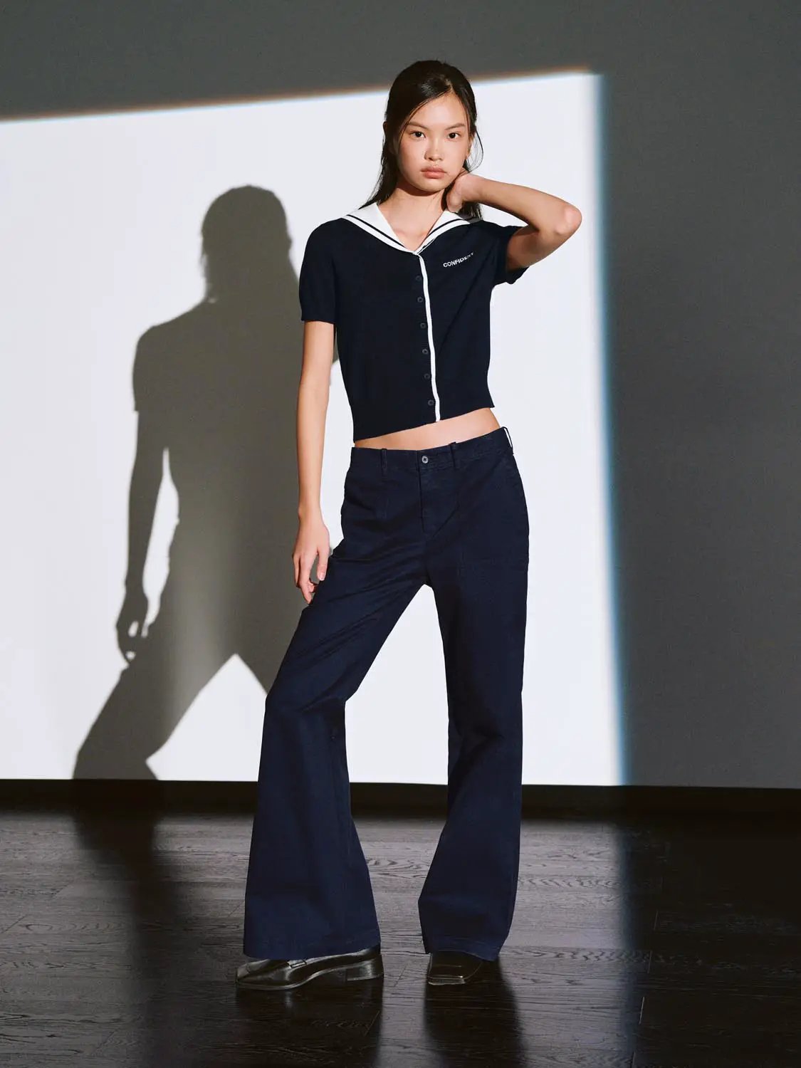 Short Sleeve Sailor Collar Cotton Knit Cardigan
