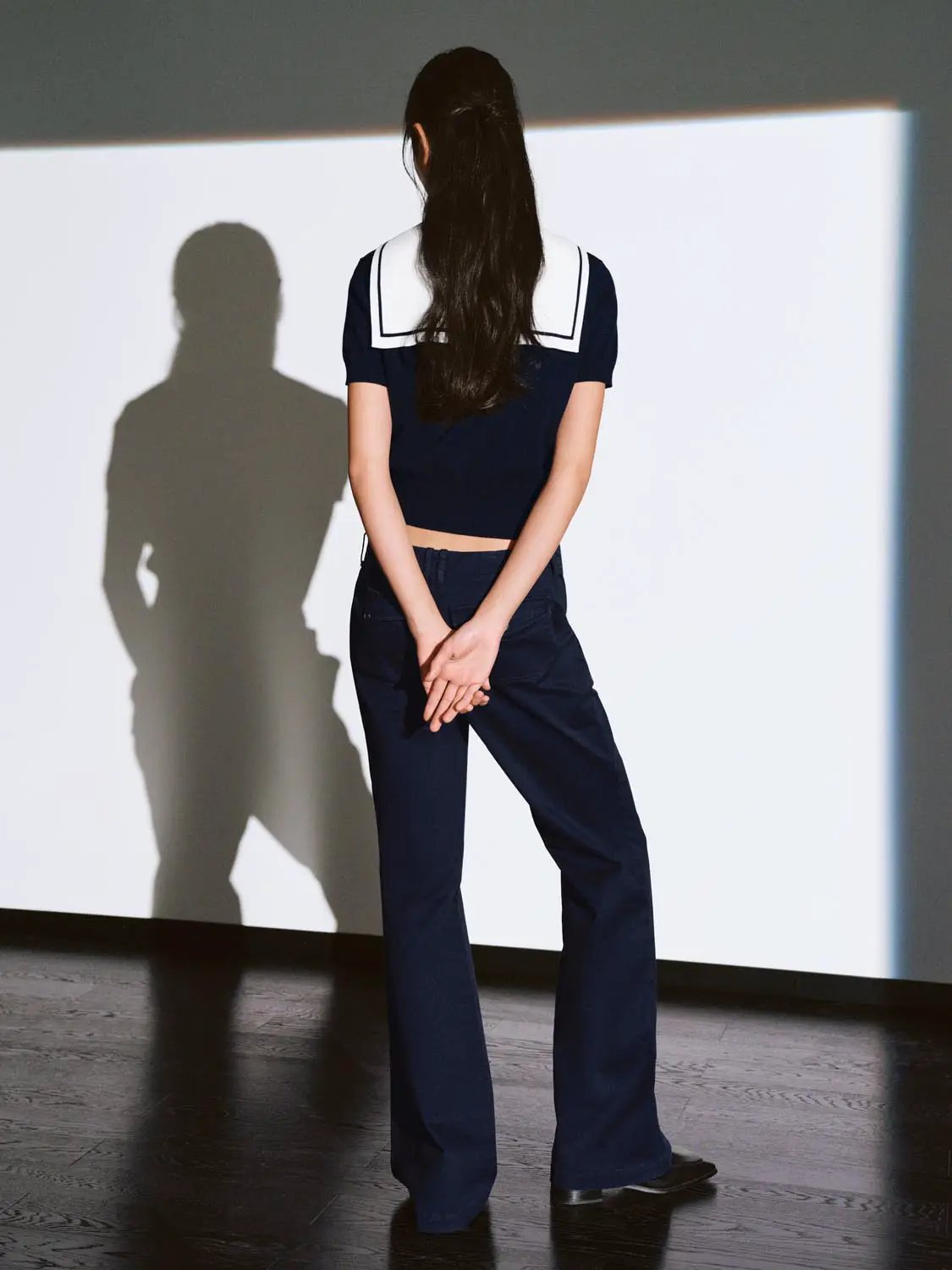 Short Sleeve Sailor Collar Cotton Knit Cardigan