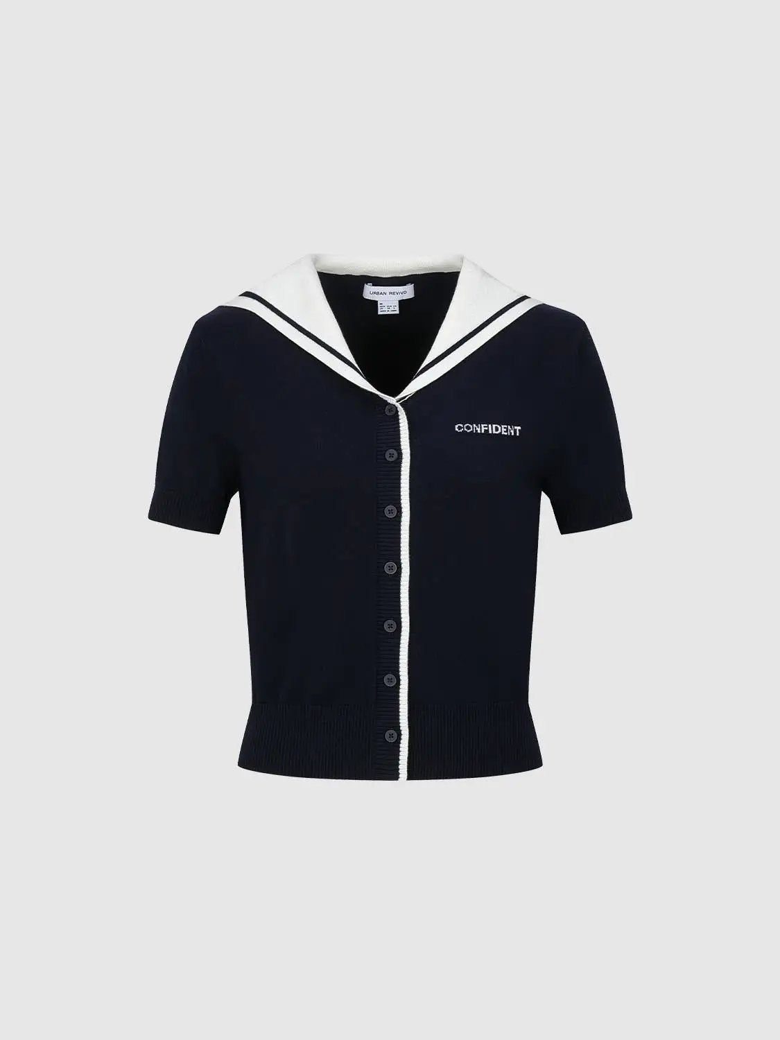 Short Sleeve Sailor Collar Cotton Knit Cardigan