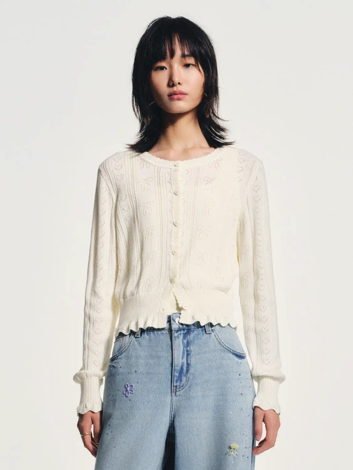 Cotton Textured Long Sleeve Button Front Cardigan